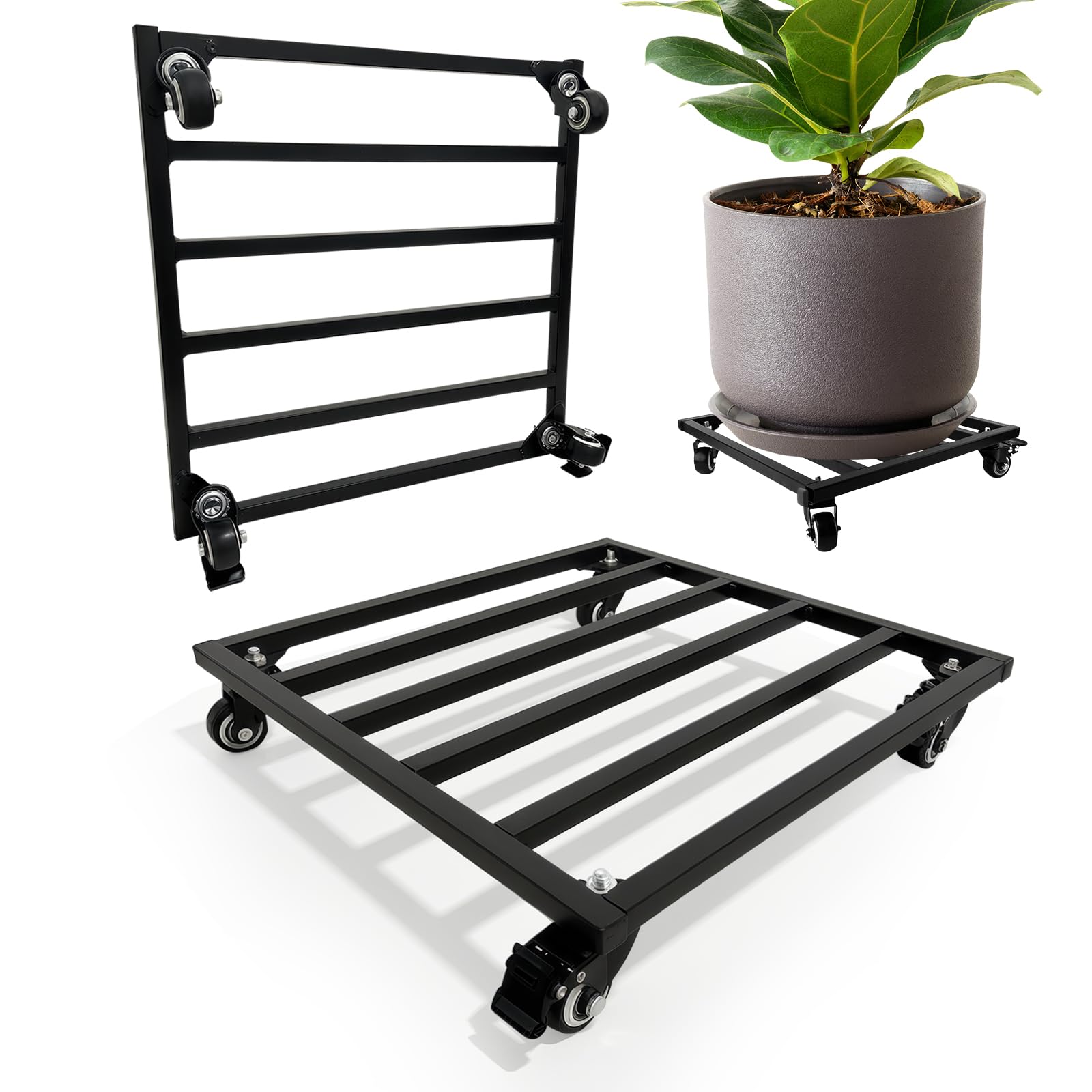 Support pot de fleurs métal carré 35cm avec roulette verrouillable pour grand bac extérieur