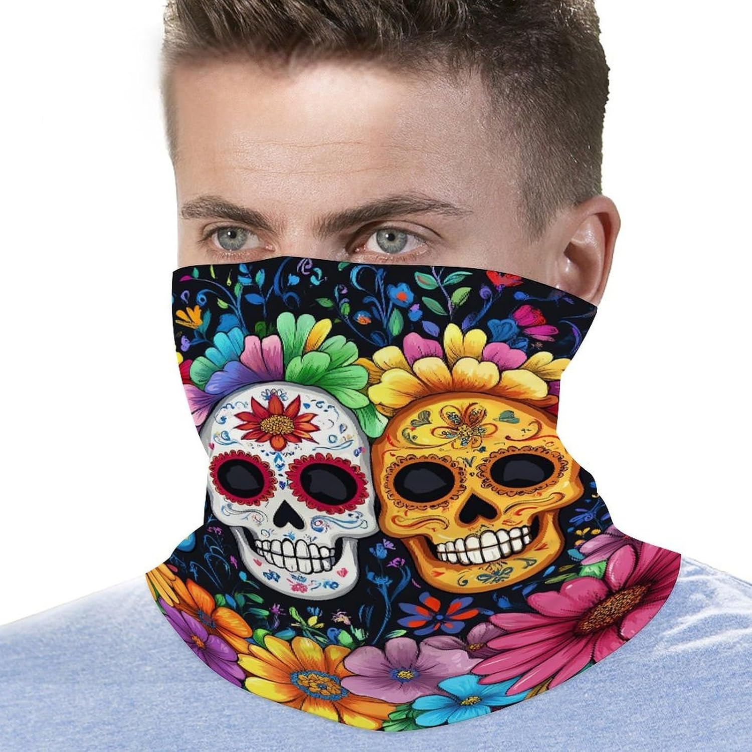 Day of The Dead Skull Flower Face Cover Neck Gaiters for Men Women Sun Protection Mask Scarf Hiking Bandana