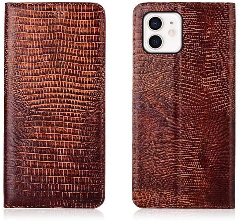Étui en cuir motif lézard marron pour iPhone 12 protection magnétique