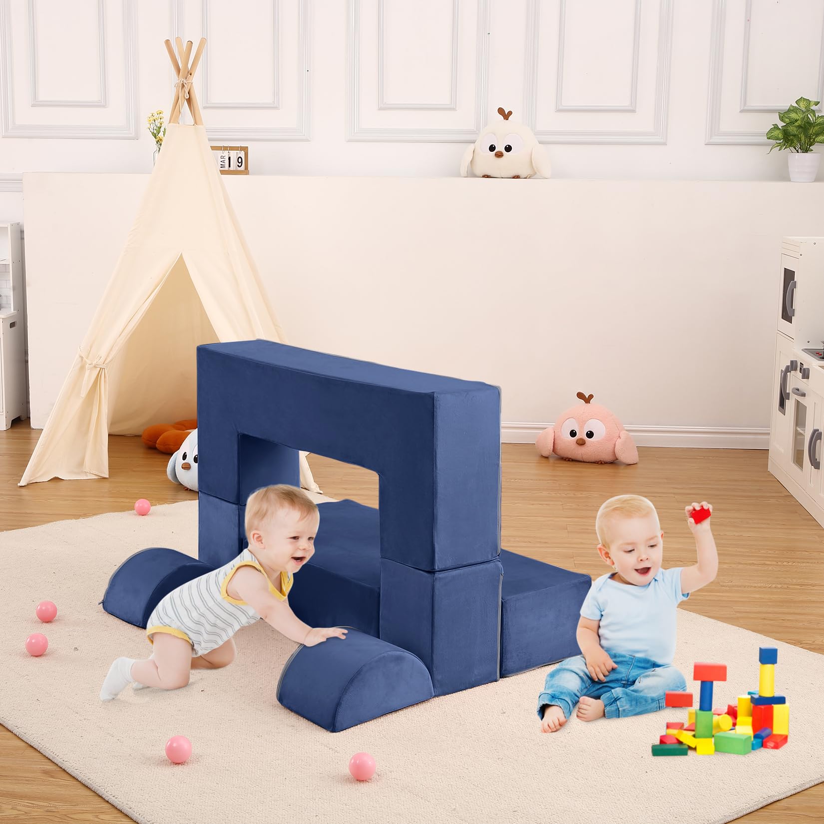 Sofá Modular para Niños de 6 Piezas, con Piezas Semicirculares para Montaje, Azul, para Habitación Infantil, Sala de Juegos y Dormitorio, 100 x 40 cm