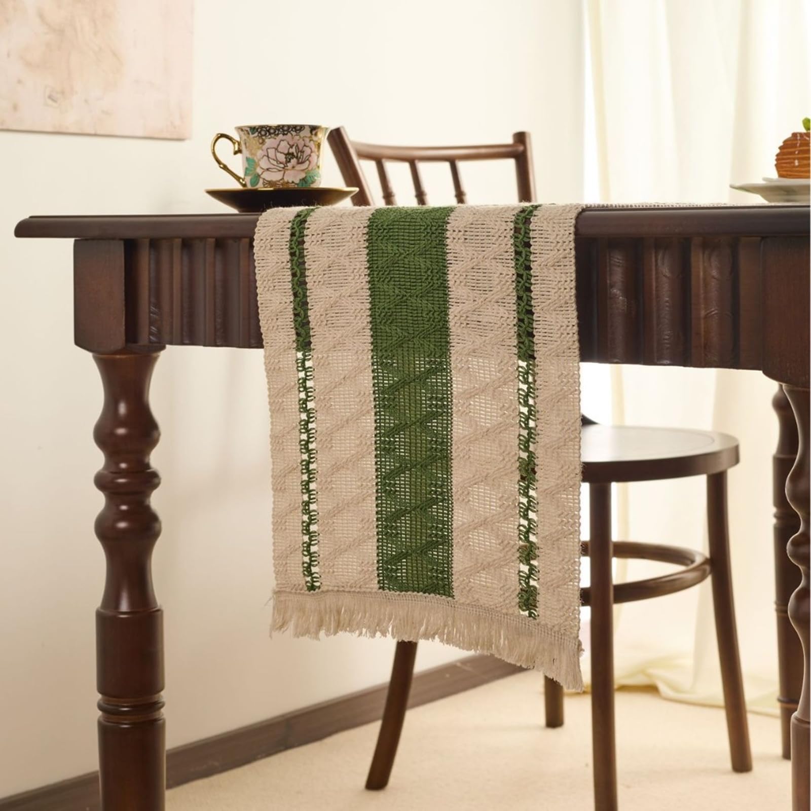Runner da Tavolo Poliestere Cotone 30x220 cm, Runner da Tavola Moderno Lavabile Strisce Intrecciato Semplice con Nappe Decorazioni per Sala da Pranzo Feste, Verde