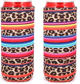 Neoprene Slim Beer Can Cooler Tall Stubby Holder Foldable Stubby Holders Beer Cooler Bags Fits 12oz Slim Energy Drink & Beer (Rainbow-Leopard(2Pack))