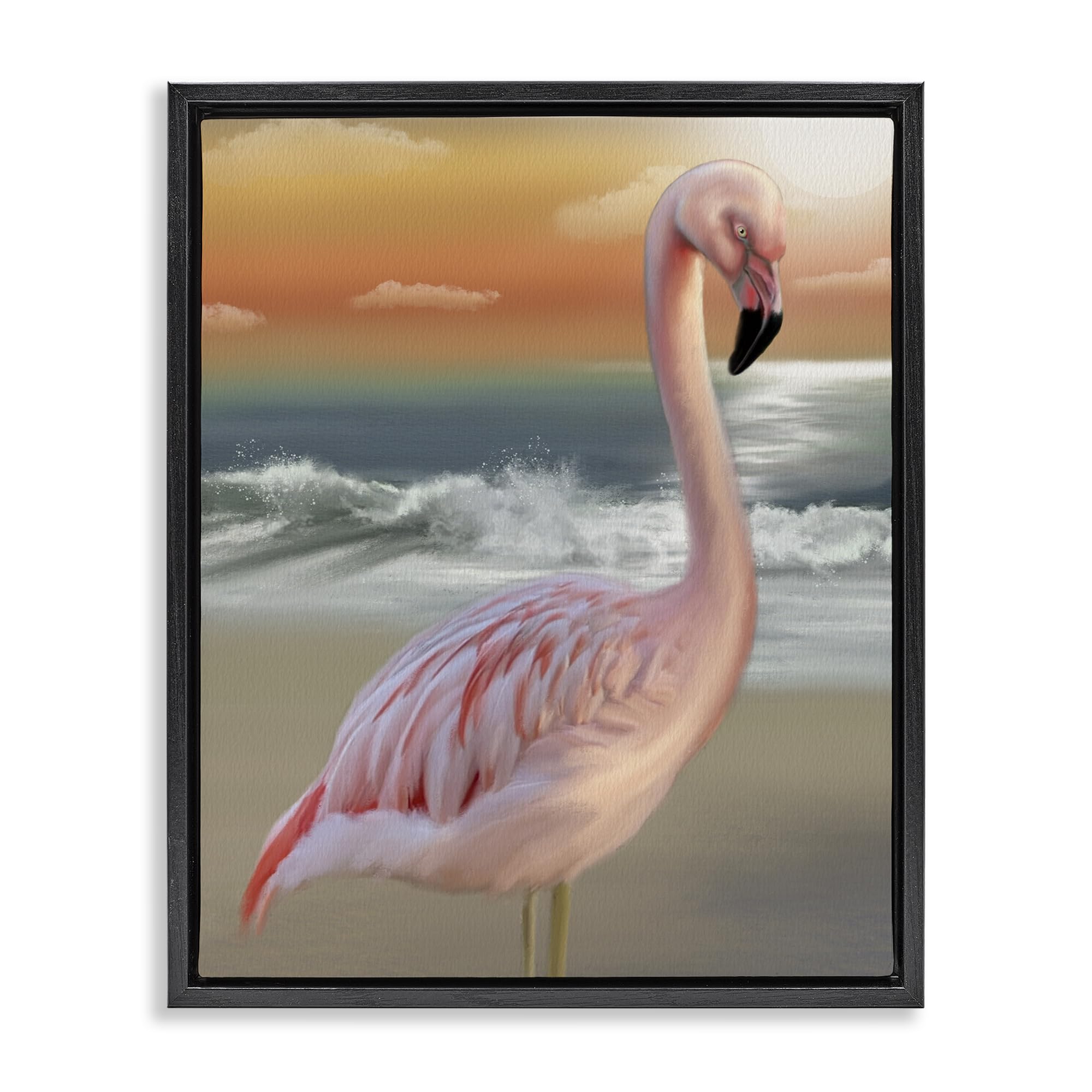 Stupell Industries Jet Black (Matte) 'Coastal Beach Flamingo'| Floating Frame Canvas Art