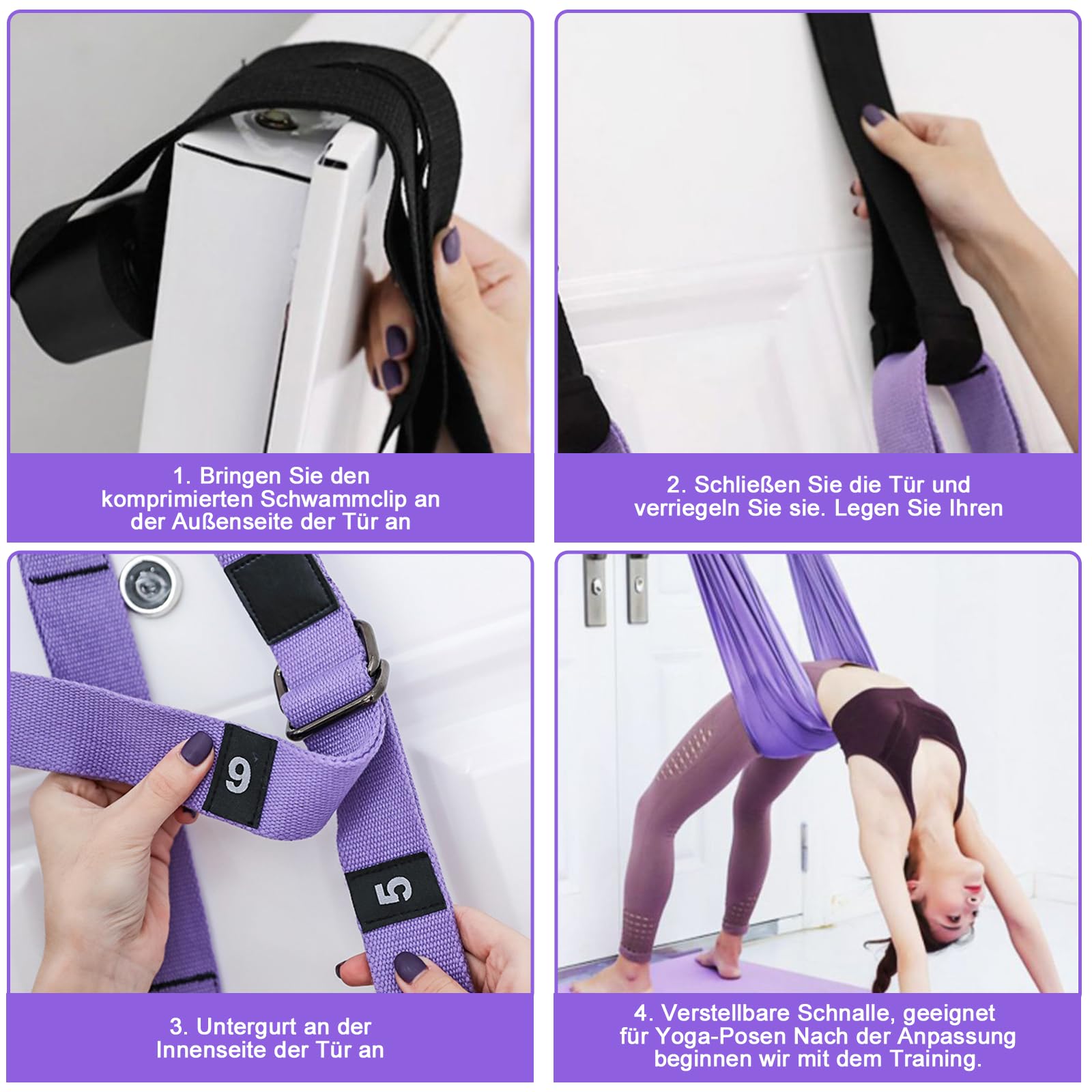 Aerial Yogatuch, Yogagurt Beinstretcher mit Türanker, Hochelastisches Stretching Band, Verstellbarer Yoga Gurt, Yogagurt für Ganzkörpertraining, Therapieschaukel, Schlingentrainer, Postnatale Erholung