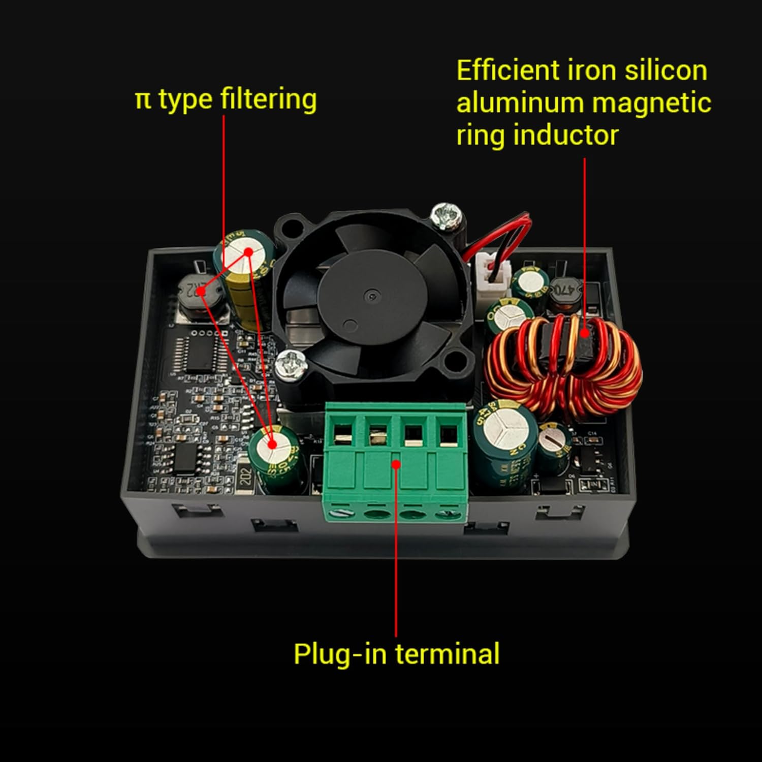 Internal view of the TKXEC SK90C power converter showing π type filtering, efficient inductor, and plug-in terminal.