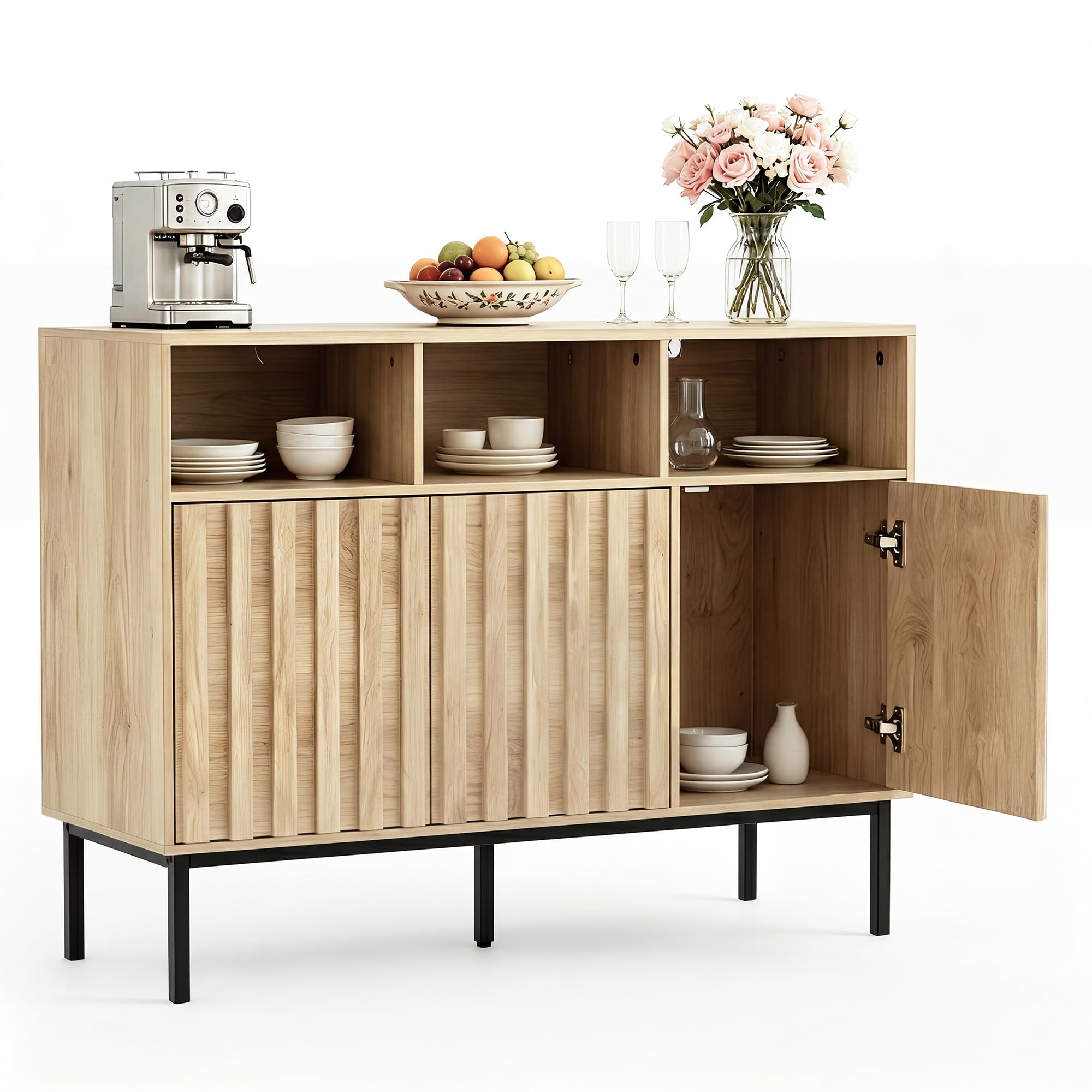 UEV Credenza Cucina con Luce LED a 3 Ante Design Strisce di Legno, Naturale | Armadietto con 3 Scomparti Aperti, Mobile Moderno con Ampio Piano di Lavoro, 105x40x80cm
