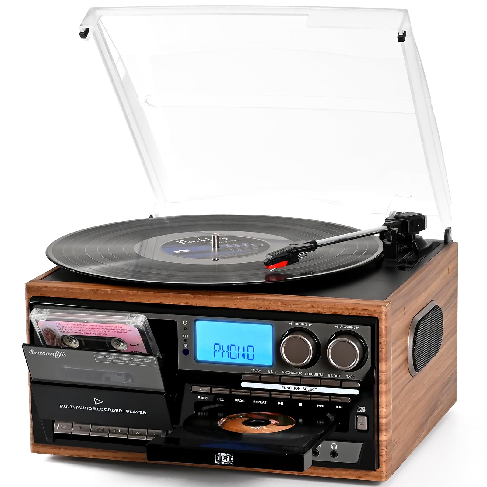 Record Player Built-in Speakers 10 in 1 Vintage Turntable with CD Cassette Tape Player AM FM Radio Function 3 Speed BT Input Output LP Player Support USB SD AUX RCA Playback Auto Stop Retro Wood Brown
