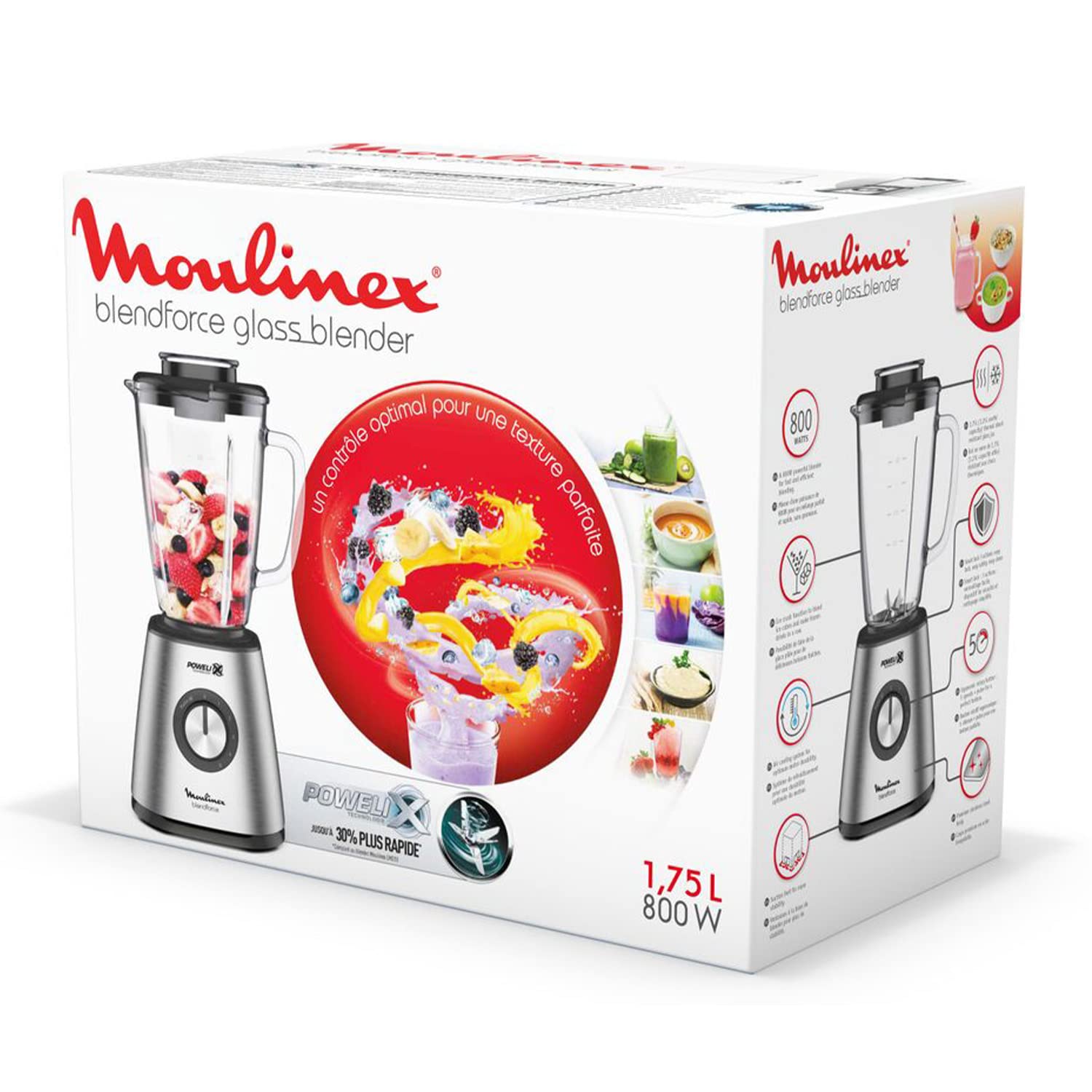 Moulinex Blender Blendforce Base Metal Inox Mixeur 800 W 5 Vitesses Bol Verre Thermique 1,75L Résistant aux Chocs Ice Crush Pulse Blender Smoothies Mixeur Blender 6 Lames Inox Lm439D10