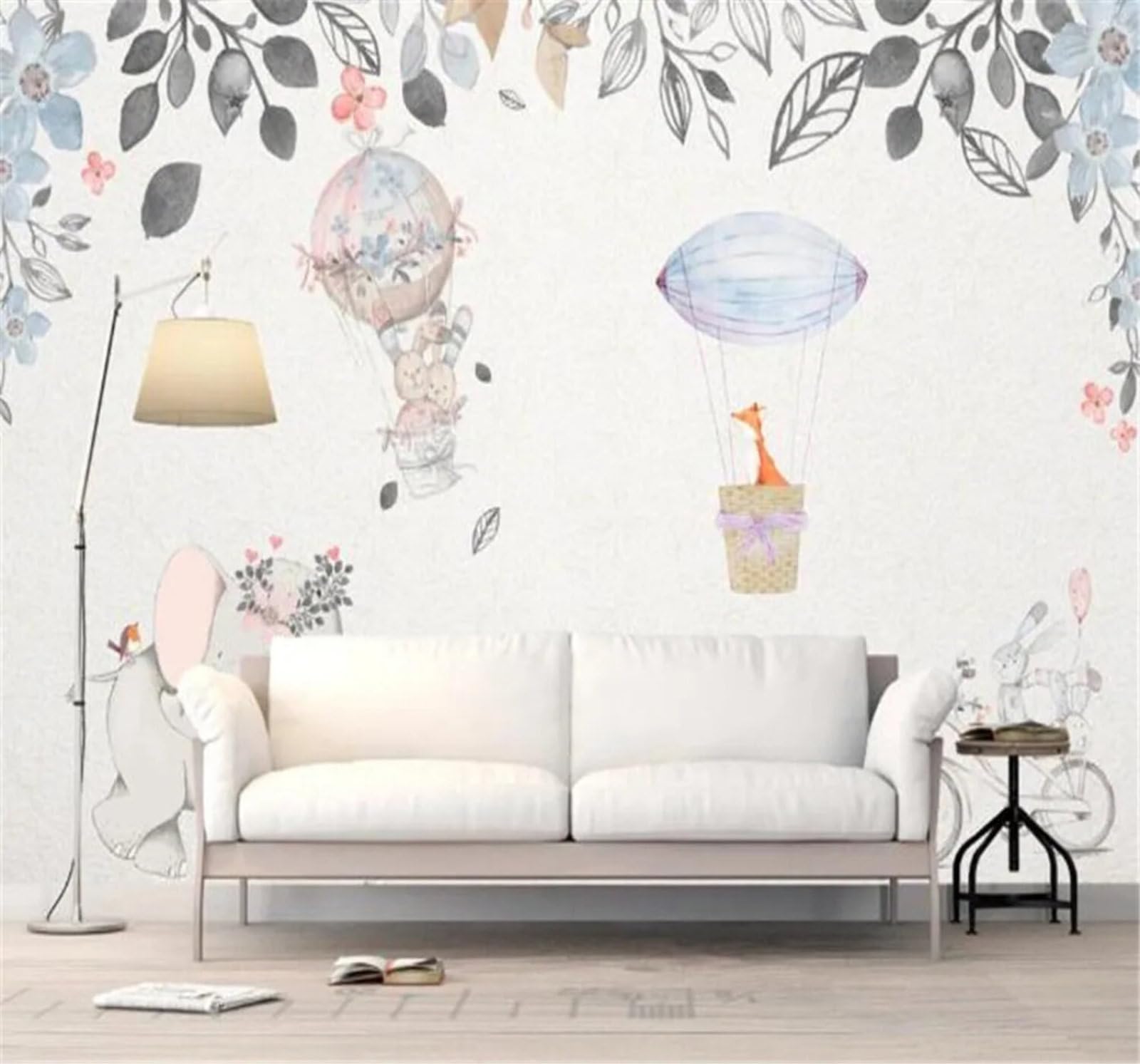 Xlming 350Cm×256Cm(B×H) Hand Drawn Leaves Animals Baby Elephants Rabbits 3D Wallpaper Silky Texture Home Study Office Grey Dining Room Sofa Bedroom Living Room Tv Backdrop-350Cm×256Cm