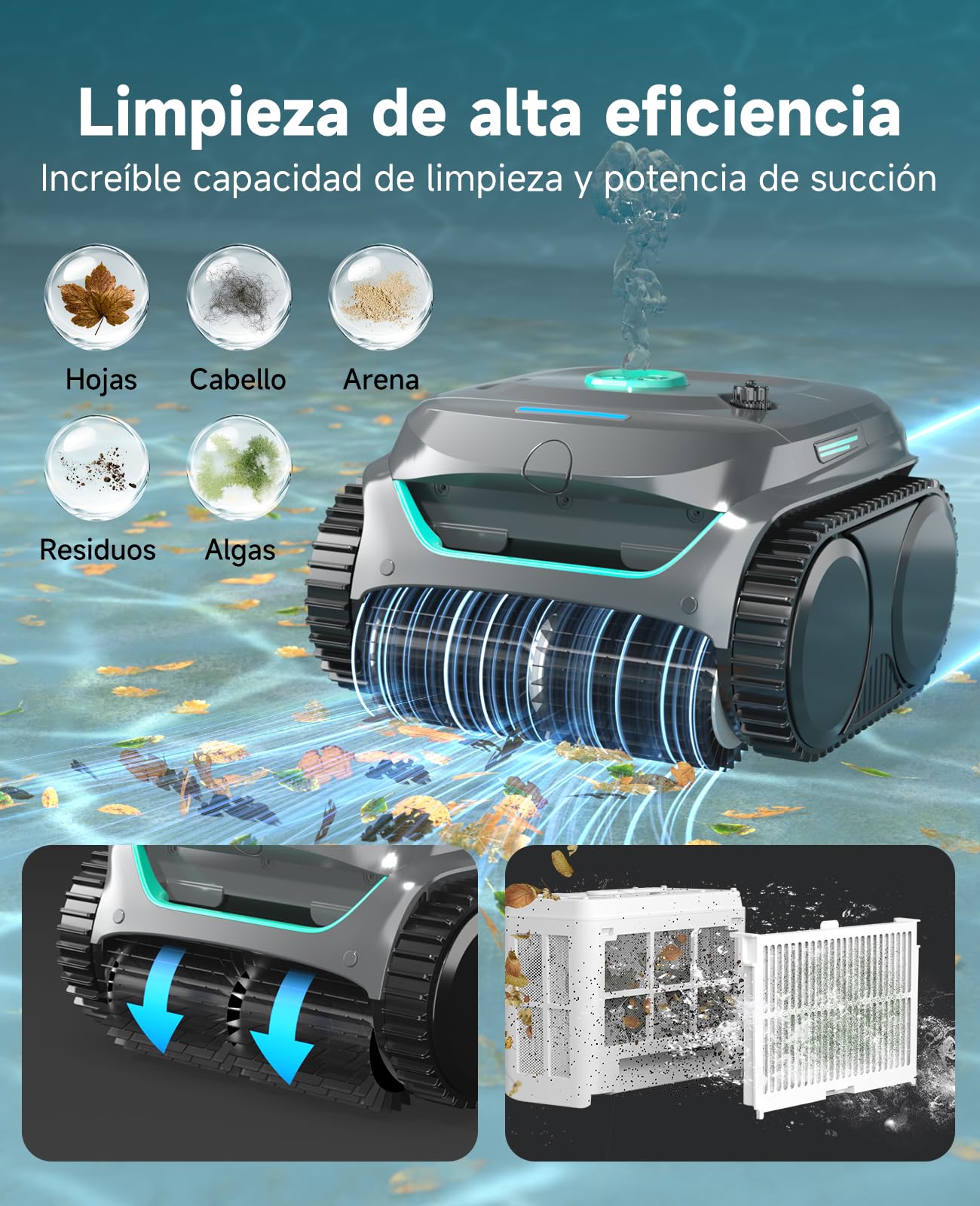 WYBOT C2 Limpiafondos Piscina Robot Inalámbrico, 3 Motores, Doble Filtración, Limpieza Paredes y Línea de Agua, Autonomía 180 Min, para Piscinas Enterradas hasta 150㎡, App(Verde Gris Oscuro-Verde)