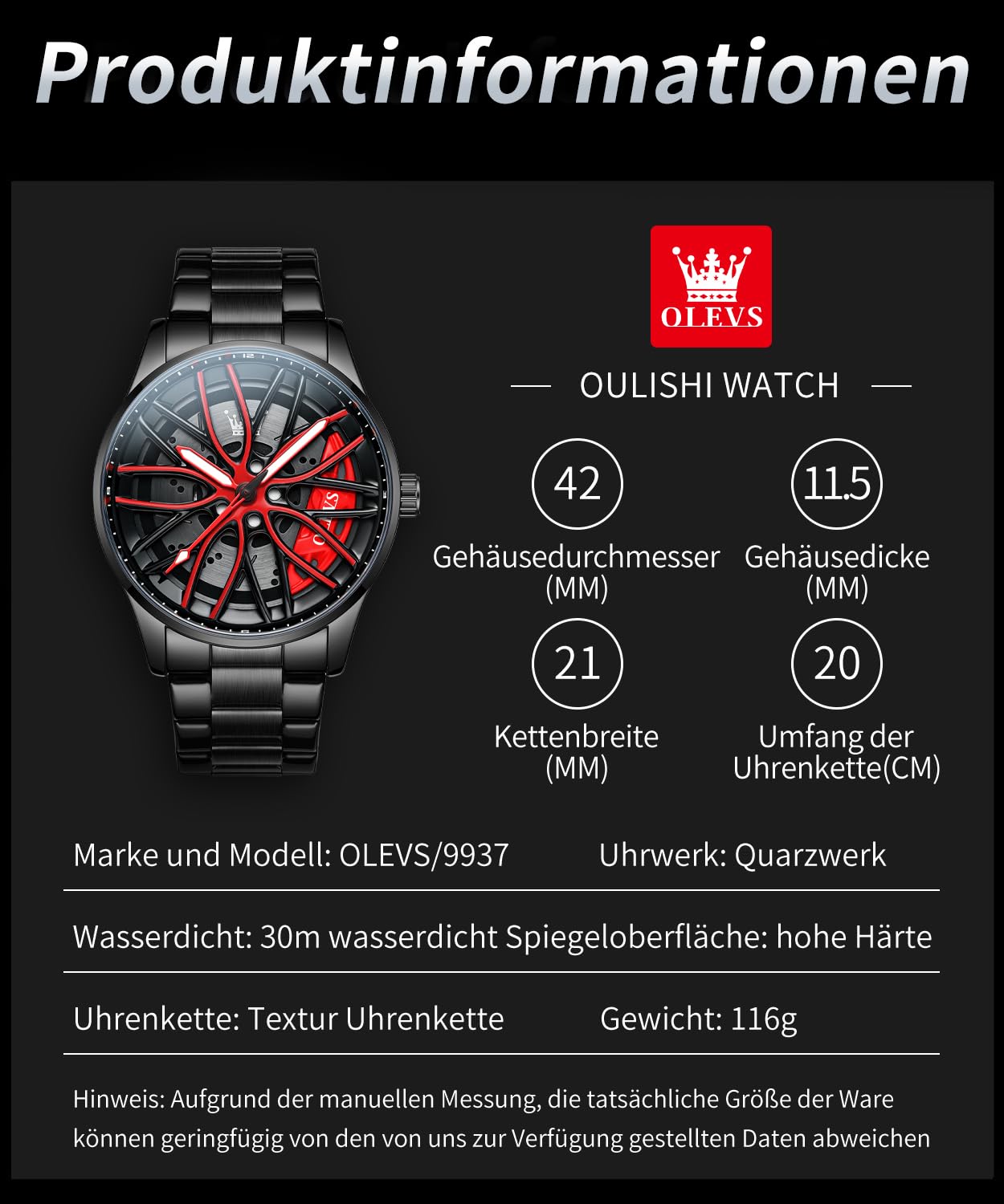 OLEVS Herrenuhren Skelettuhr Quarz Rennwagenrad Edelstahl Casual Sports Wasserdicht Leuchtend Herrenarmbanduhren