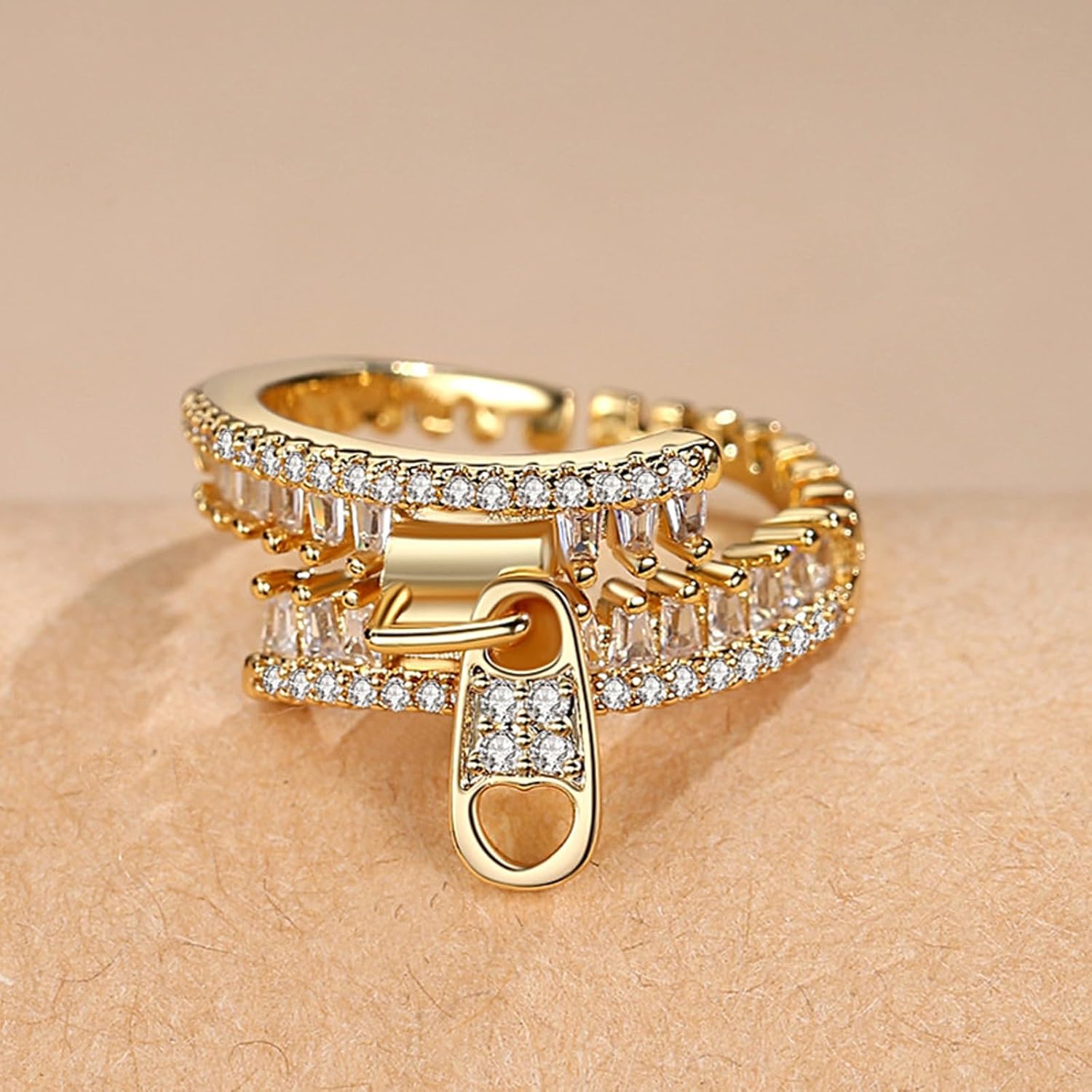 Gold Statement Ring For Women, Elegant Zipper Design Cubic Zirconia Moissanite 14k Golden Plated Non Tarnish Fashion Adjustable Promise Rings For Her Jewelry Gifts - Image 5