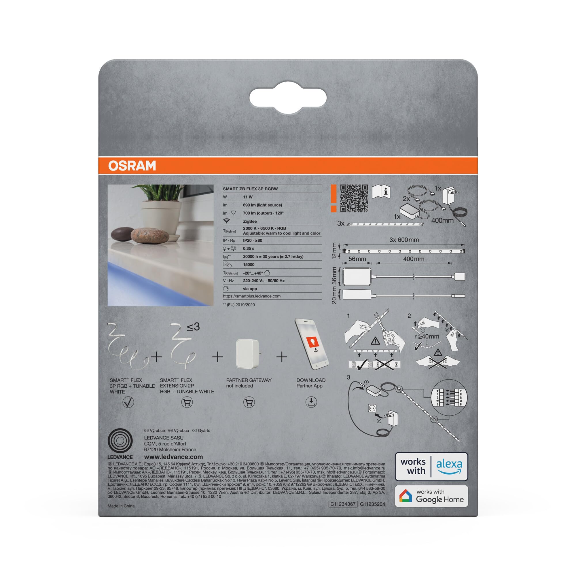 OSRAM Smart+ ZB Flex RGBW 3P Tira LED 11W 700lm ZigBee | Smart+ ZB Flex RGBW, Party Lighting Special and Mood Light, Blanco, 20000 h, Paquete de 1