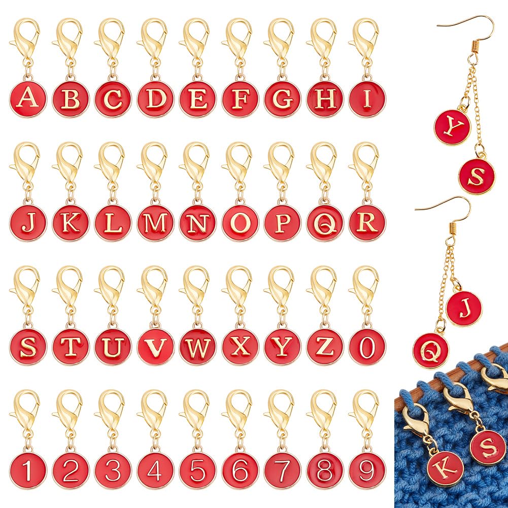 NBEADS 36 Pcs Number Stitch Markers, Red 36 Styles Including A-Z Letter Crochet Markers 0-9 Number Locking Stitch Marker Enamel Stitch Needle Clip for Knitting Weaving Sewing Accessories