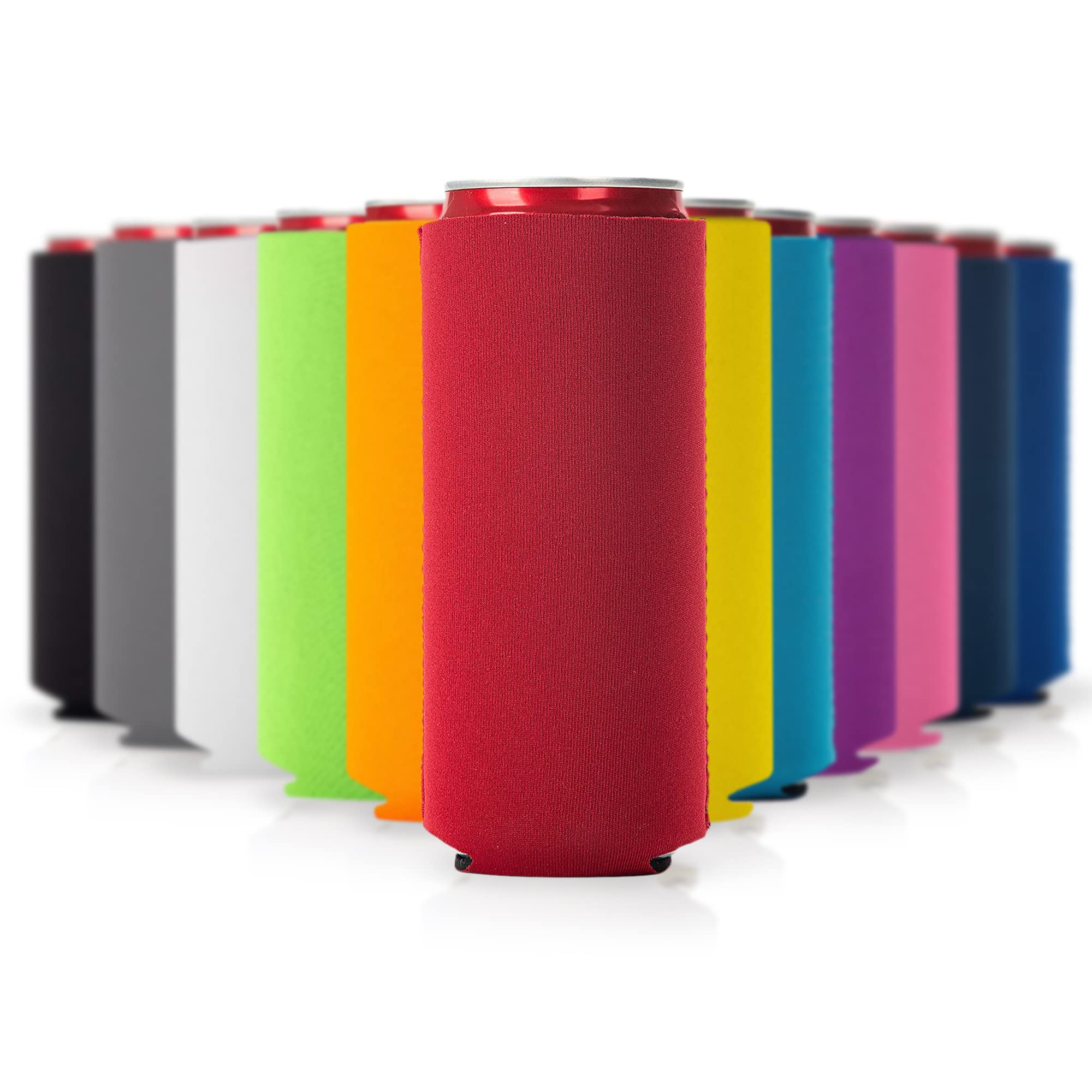 Slim Can Cooler Sleeves 12 Pack– Blank Foldable Neoprene 12oz Can Insulators – Skinny Beverage Coolers for Beer & Soda – Sublimation-Ready (Assorted)