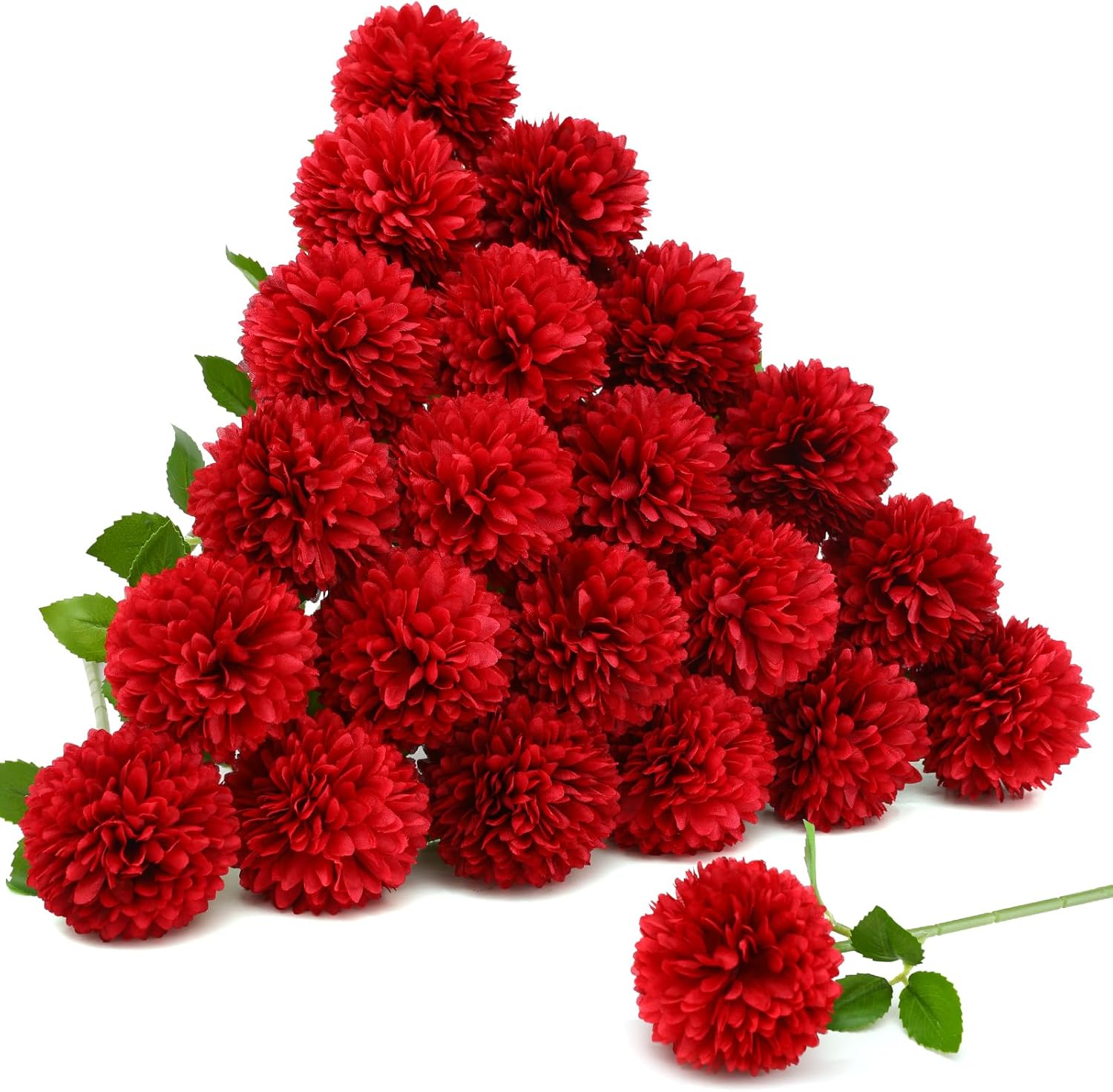 Floweroyal 24pcs Artificial Chrysanthemum Ball Flower, Fake Mums Silk Hydrangea Bridal Wedding Bouquet for Home Garden Party Office Coffee House Decoration (Red)