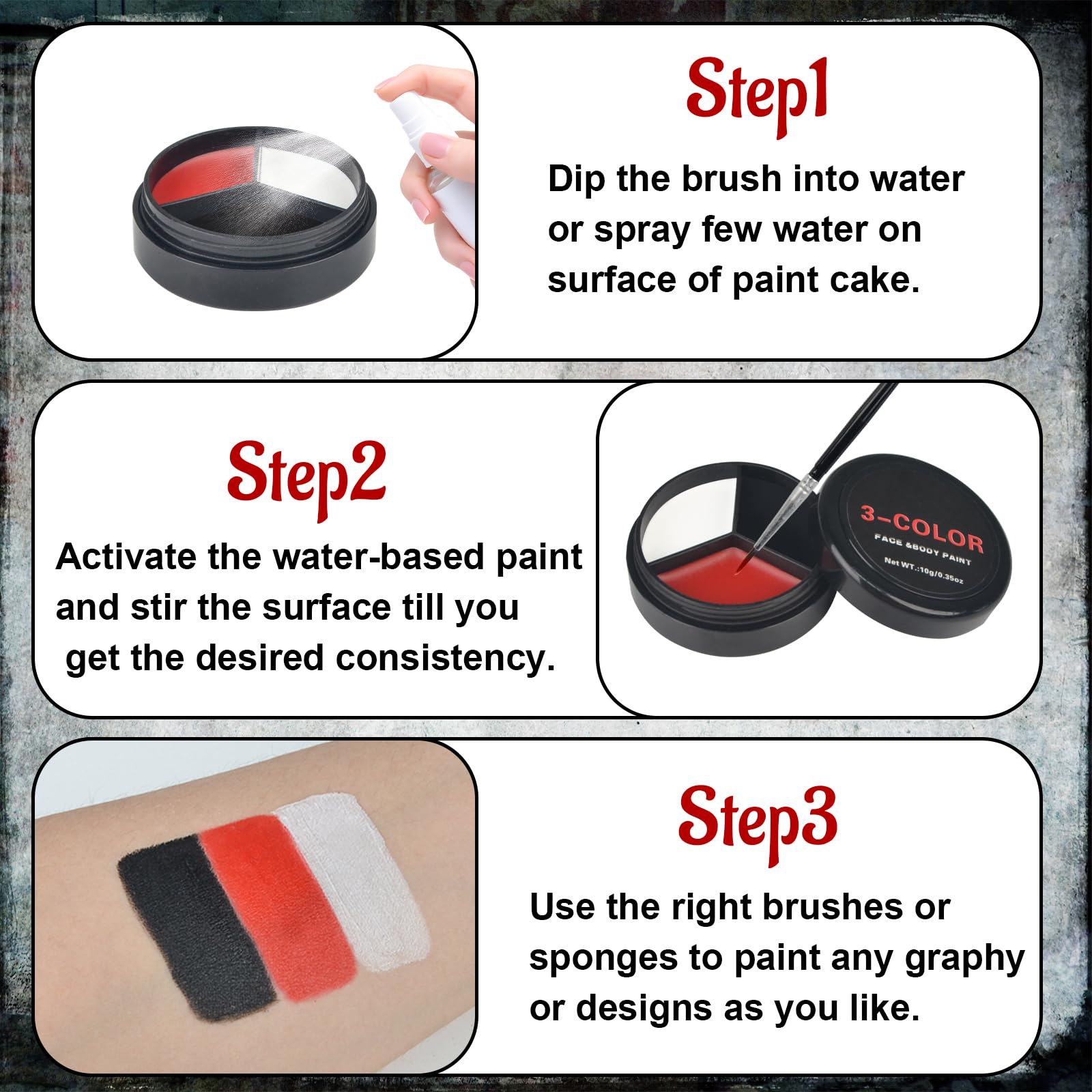 Kit de maquillaje SFX de 7 piezas de efectos especiales de Halloween, el kit de maquillaje SFX incluye 3 colores de payaso, pintura corporal y cara, cera de cicatriz, sangre falsa, espátula, cepillo 6