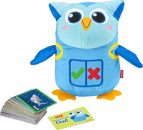 Fisher-Price Juguete de aprendizaje preescolar para adivinar y presionar búho, peluche electrónico con tarjetas y juegos interactivos para niños a