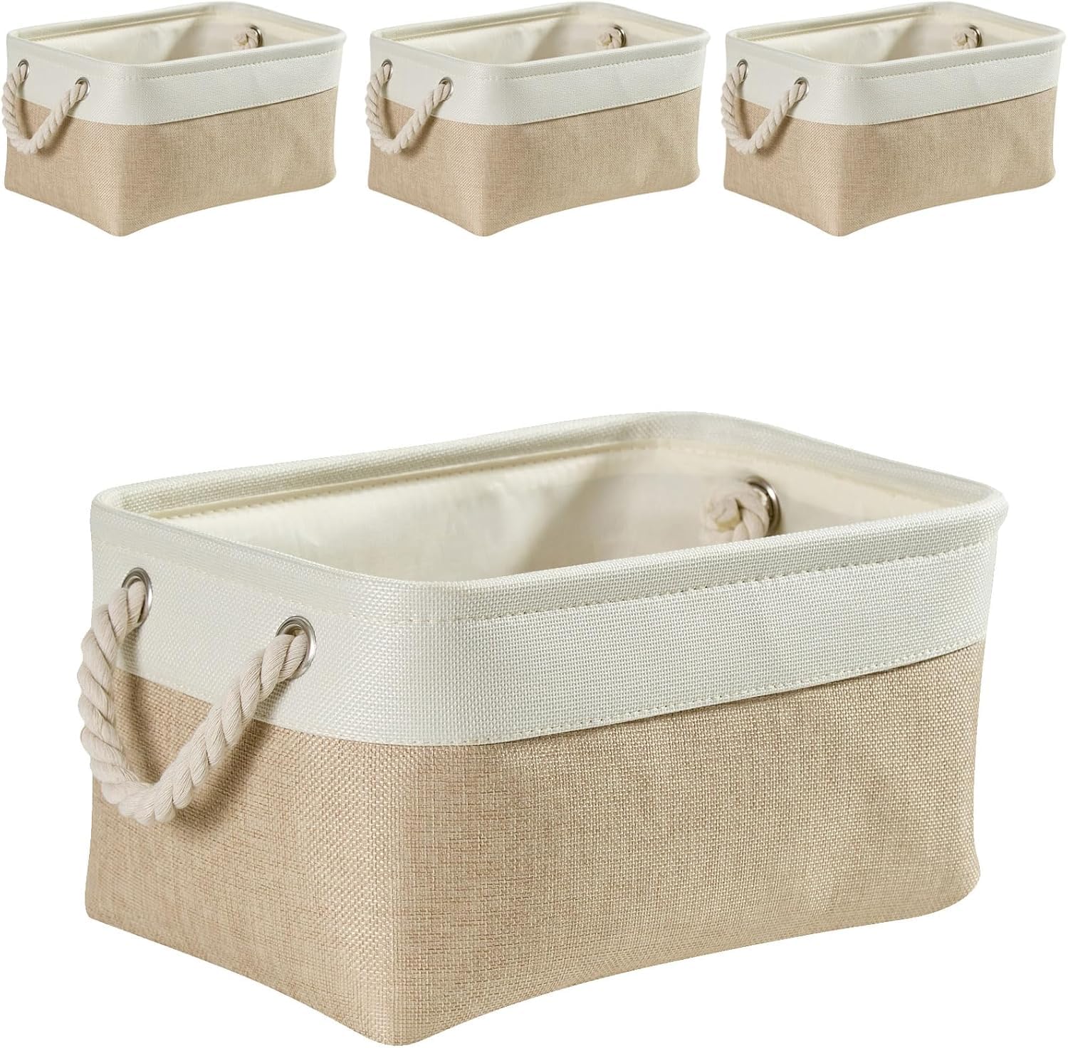 Mangata Large Storage Box set of 4, Canvas Fabric Storage Baskets with Handles for Cupboards, Wardrobe, Shelves, Bathroom, Clothes, Toys, Towel (38x28x24 cm, Light Khaki White) โ image 1