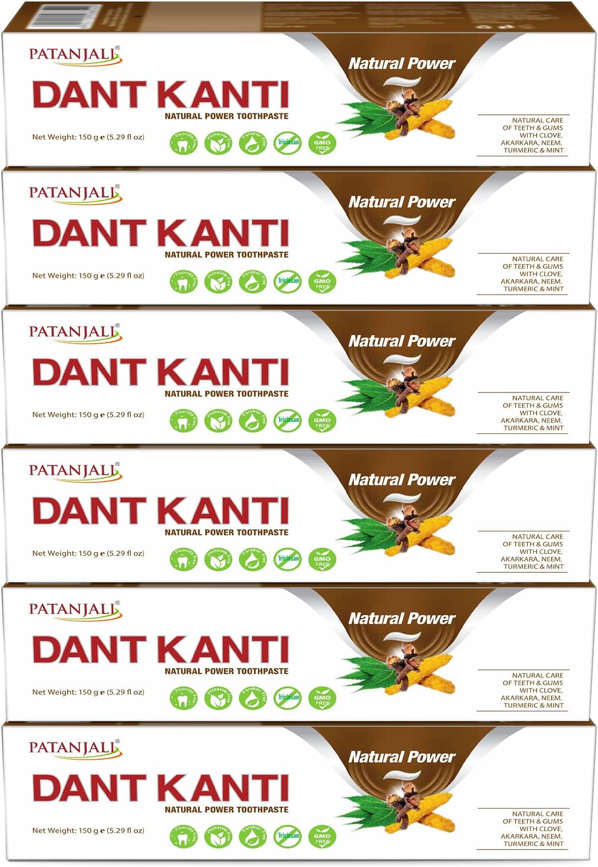 Patanjali Dant Kanti Natural Toothpaste – Herbal Ayurvedic Fluoride-Free Toothpaste – (Packaging May Vary : New Pack (150 g / 5.29 fl oz – Pack of 6) or Old Pack (200 g / 6.76 fl oz – Pack of 5))
