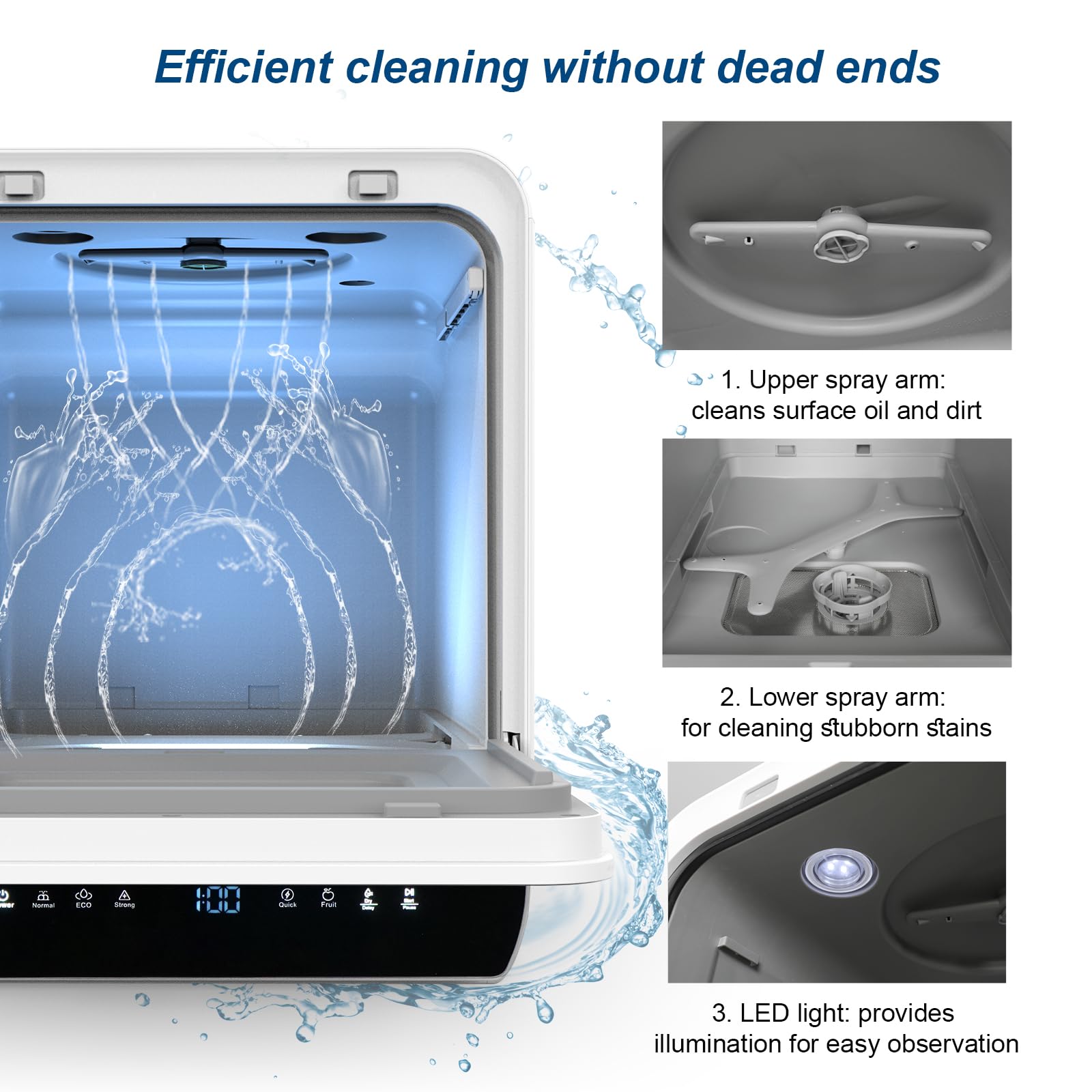 eklipt Portable Countertop Dishwasher, Mini Dishwasher, 4.8L Built-in Water Tank, 7 Programmes, 37 * 51cm Ultra-Narrow & Deep Design, Touch Control & 360° Dual Spray, Hose/No-Hose Setup, Black — view 7