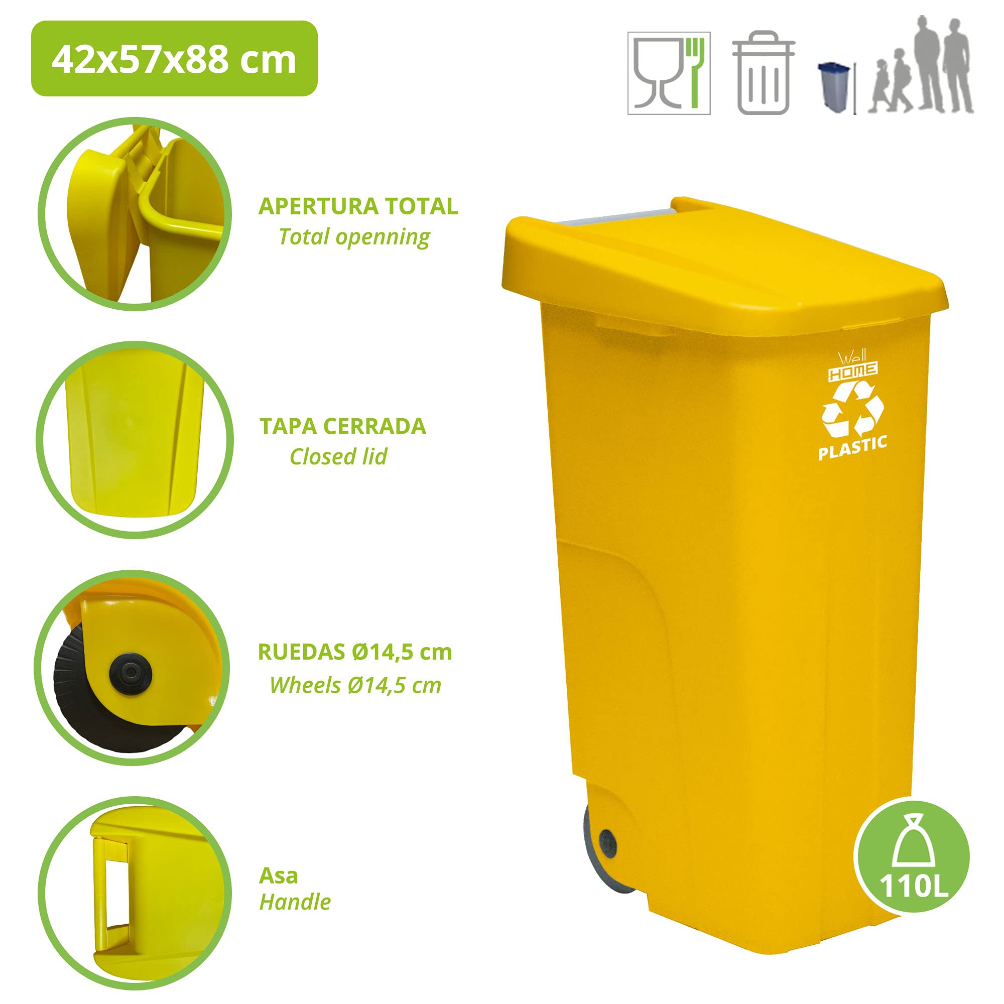 Wellhome ricicla contenitore 110 l, chiuso con coperchio, ideale per il riciclaggio di plastica, con ruote + sacchi di immondizia 3X 10 unità 42x57x88