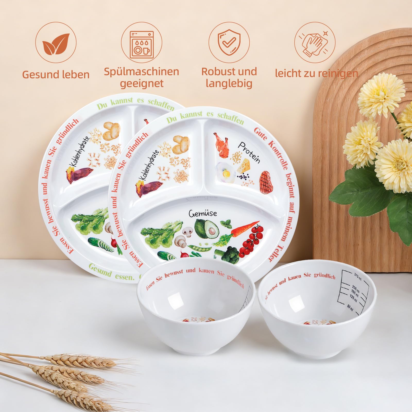 4 Set Portionskontrollteller für ausgewogene Ernährung Teller mit gesunder Ernährung für Erwachsene und Jugendliche Melamin-Unterteilungen, Gewichtsverlust(2 Teller + 2 Schüsseln)