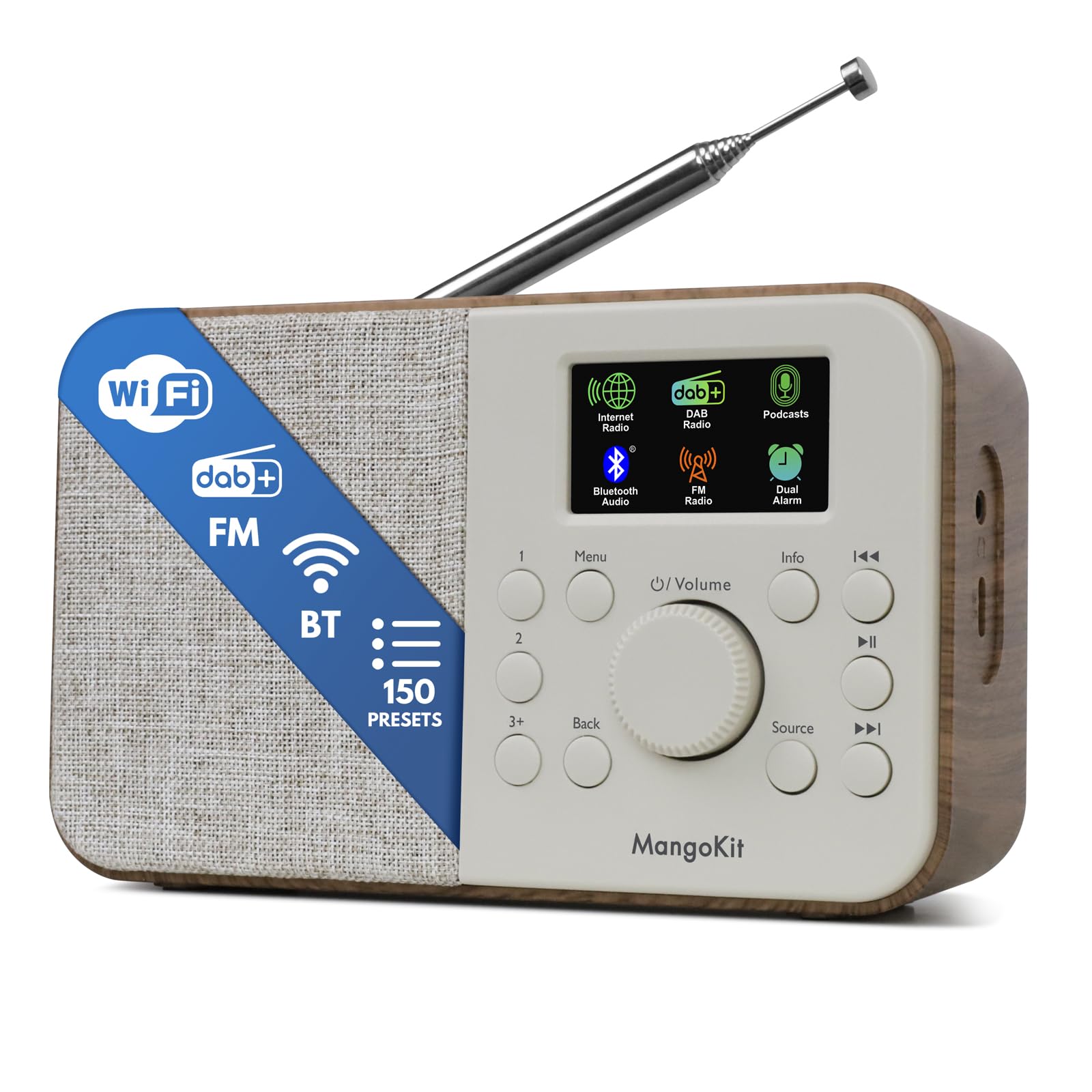SR-L Radio Dab Portátil con Bluetooth – Dab/Dab+, FM & Radio por Internet, 150 Presintonías, Radio Despertador, Radio de Cocina Compacta con Pantalla en Color, Red o Pilas-Nogal