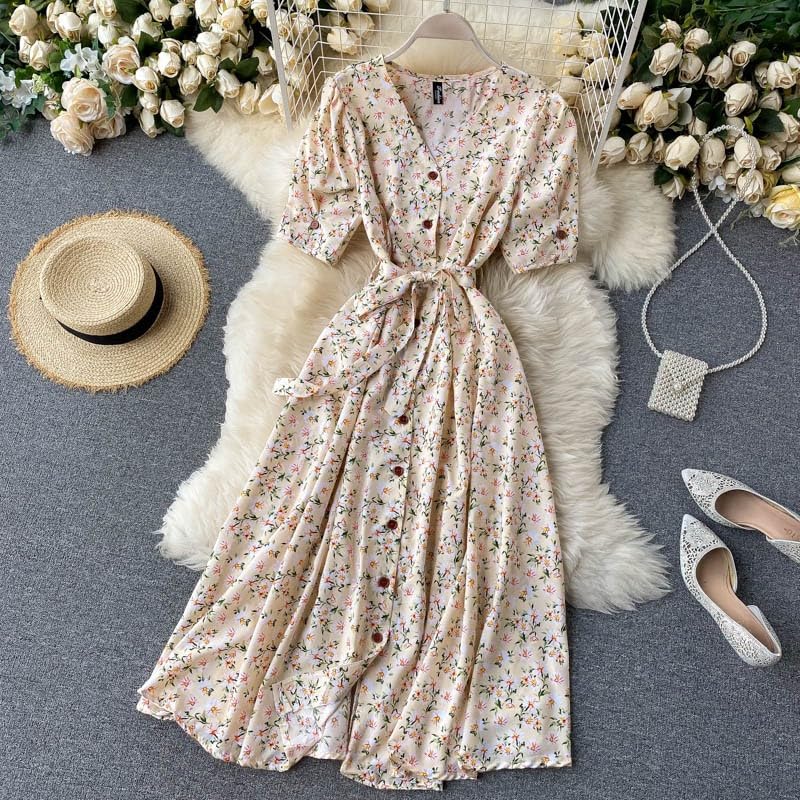 Gufrina Dresses For Women Half Sleeve || Floral Print || V-Neck And Puff Sleeves || Front Open Button & Tie-Up || Midi Dress (Beige Xl)