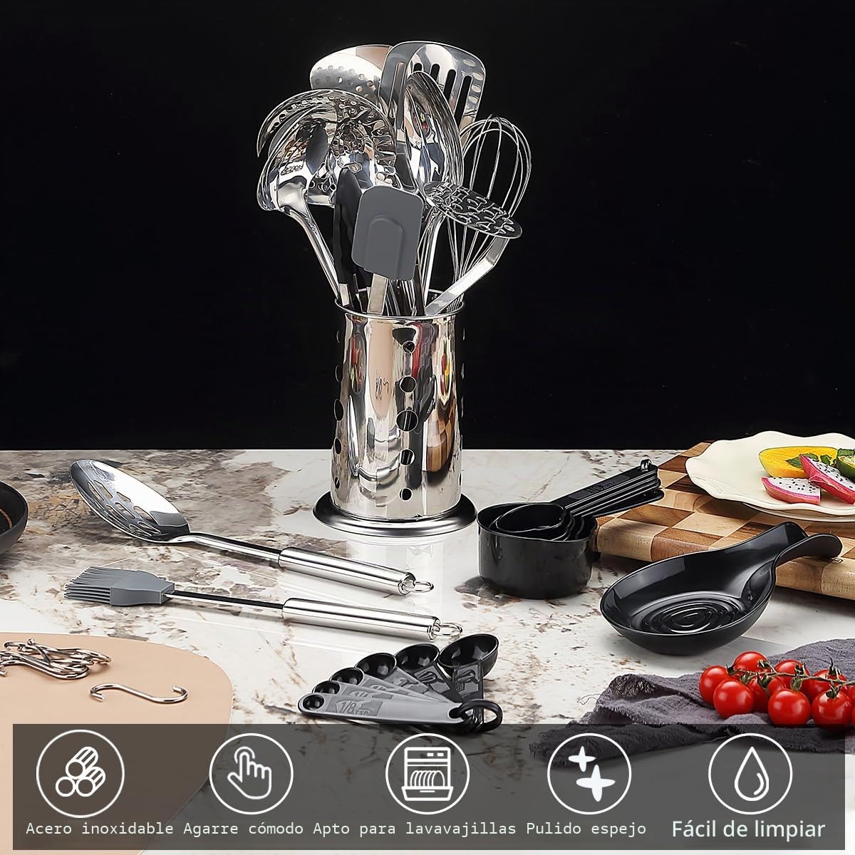 Juego de Utensilios de Cocina de Acero Inoxidable - 39 Piezas Con Espátulas, Cucharas y Soporte Resistente - Apto para Lavavajillas