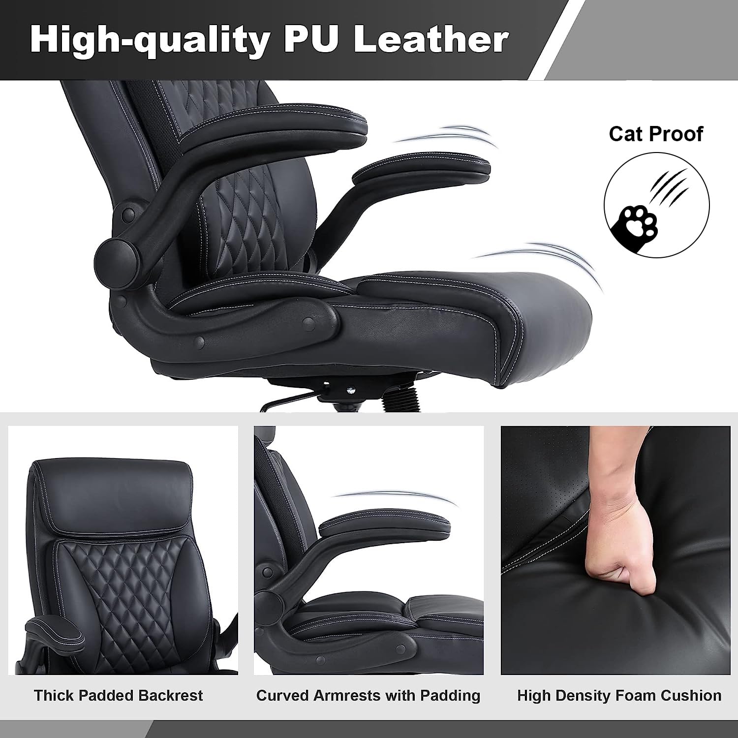 Youhauchair Executive Office Chair Ergonomic PU Leather Computer Desk Chair with Lumbar Support Flip-up Armrests and Adjustable Height — view 4