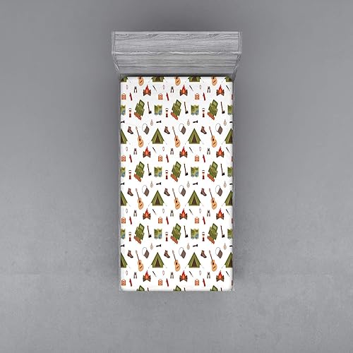 Miniatura 2 de Ambesonne Sábana bajera ajustable para campamento, diseño de guitarra y brújula de aventura con estampado de dibujos animados de bosque, funda de