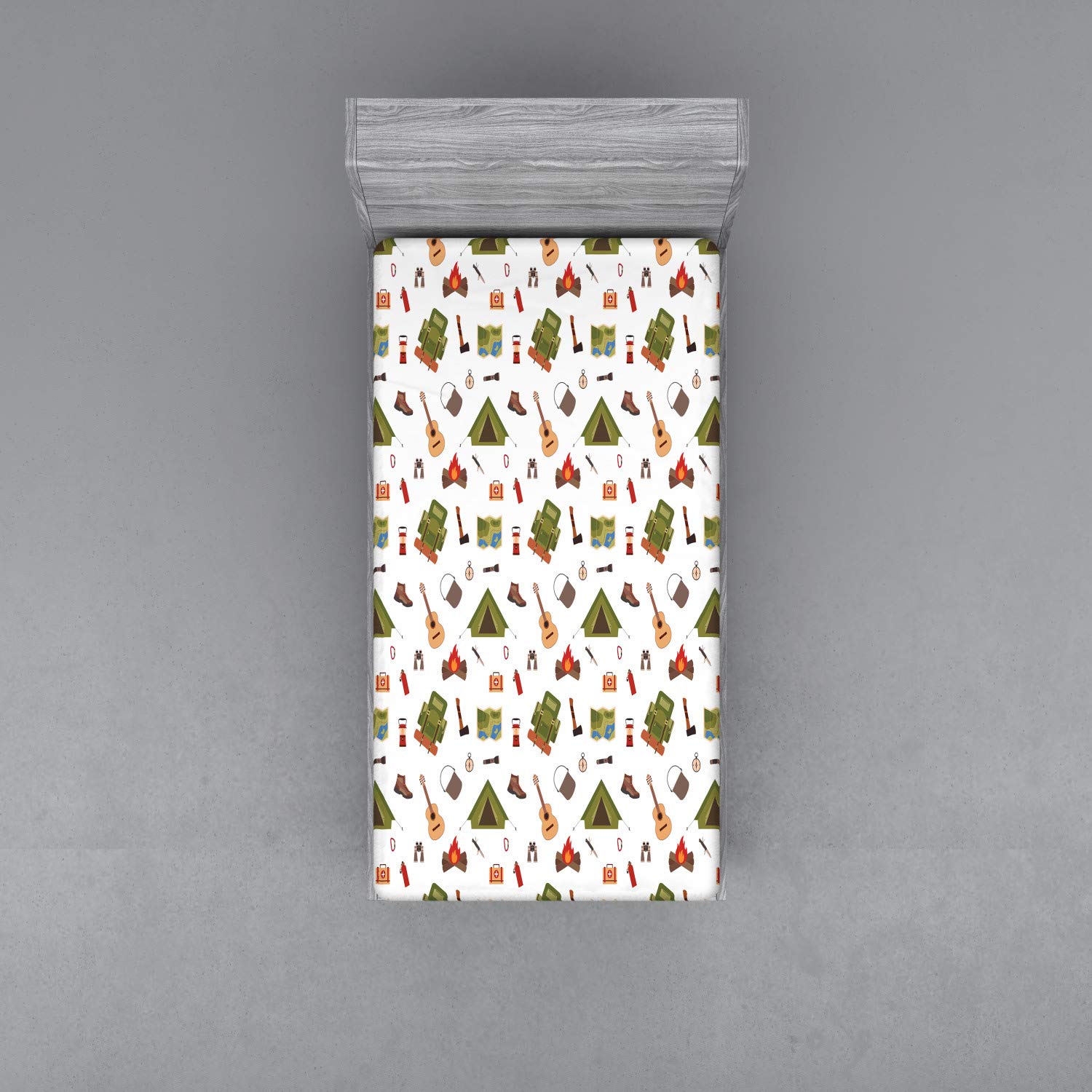 Ambesonne Camping Fitted Sheet, Campfire Map Adventure Guitar and Compass Discovery in Woodland Cartoon Print, Bed Cover with All-Round Elastic Deep Pocket for Comfort, Twin Size, Khaki Brown