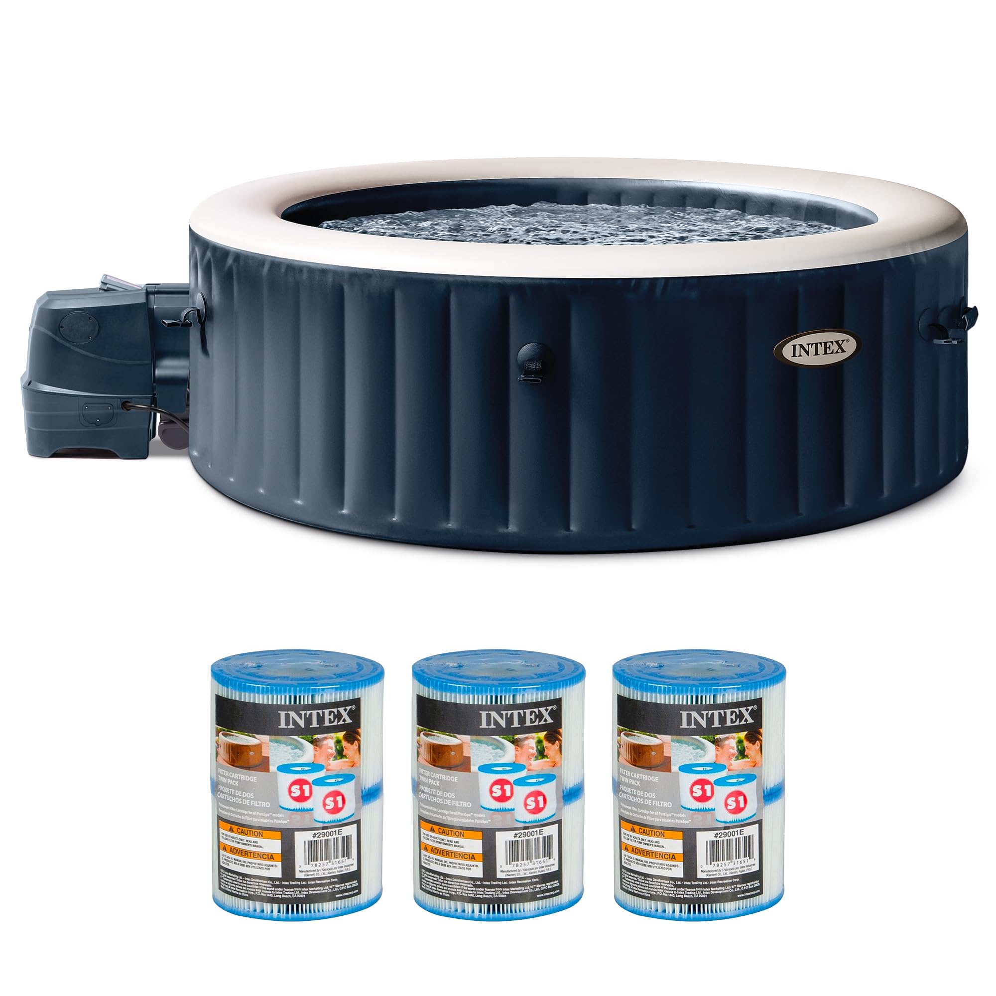 Intex PureSpa Plus Portable Bubble Jet Spa Inflatable Hot Tub with 2 Headrests, Insulated Cover, and Spa Filter Replacement Cartridges (6 Pack)