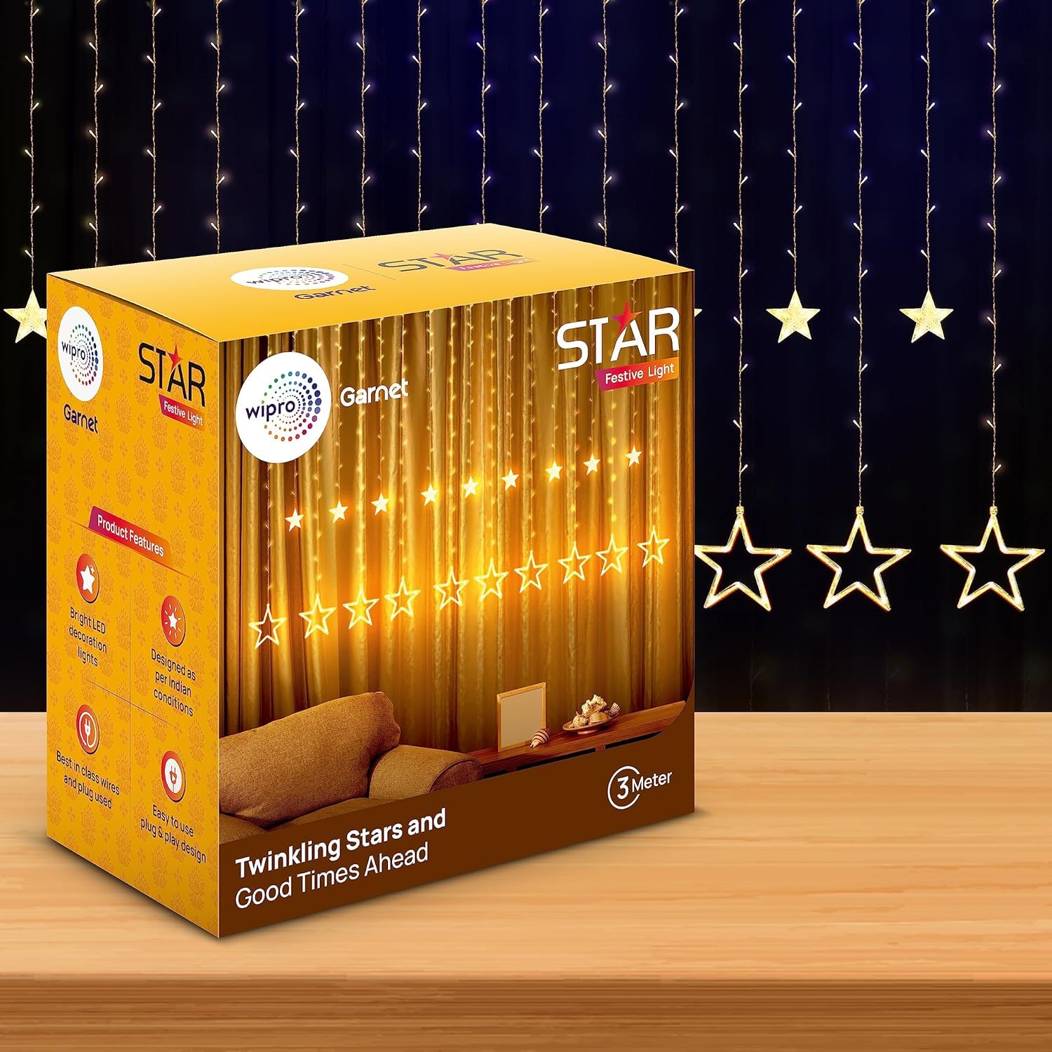Wipro Garnet 12 Stars Curtain LED Festive Lights | Indoor String Lights | Decoration for Diwali, Christmas, Wedding, New Year and Home |6 Large and 6 Small Stars | Warm White, 108 LEDs, Pack of 4 (B0DJBJLFG7) Amazon Price History, Amazon Price Tracker
