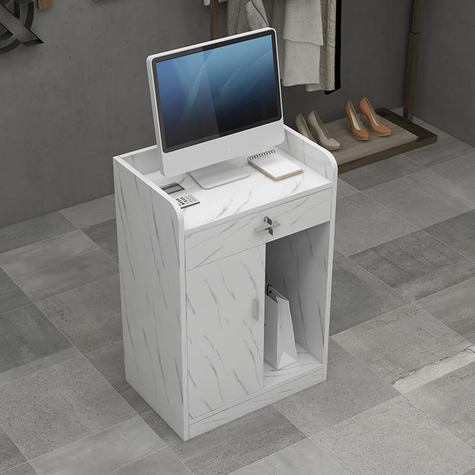 Table de caisse d'angle marbrée pour agencer un hall d'accueil de magasin