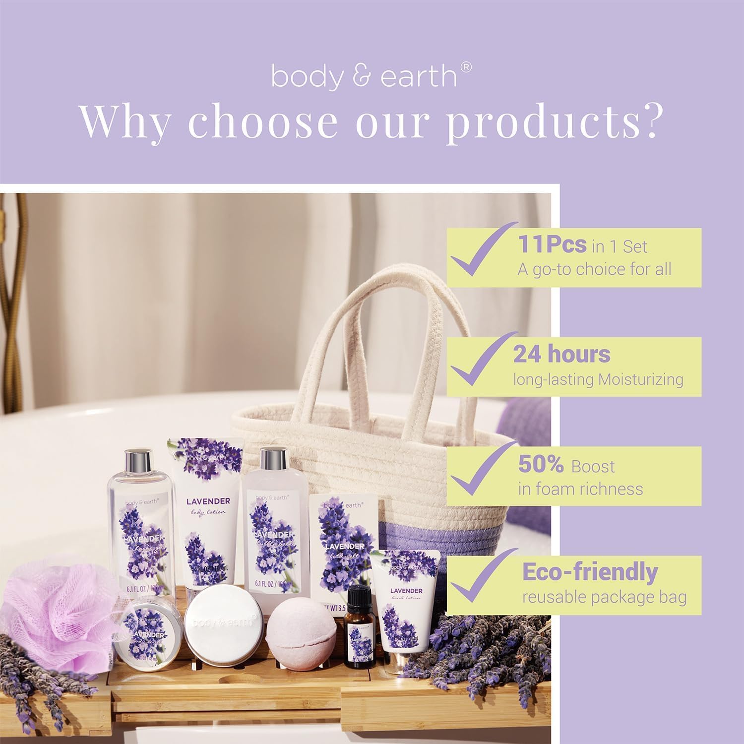 BODY & EARTH Geschenkset für Frauen 11 tlg. Badeset Lavendel Duft Wellness Set