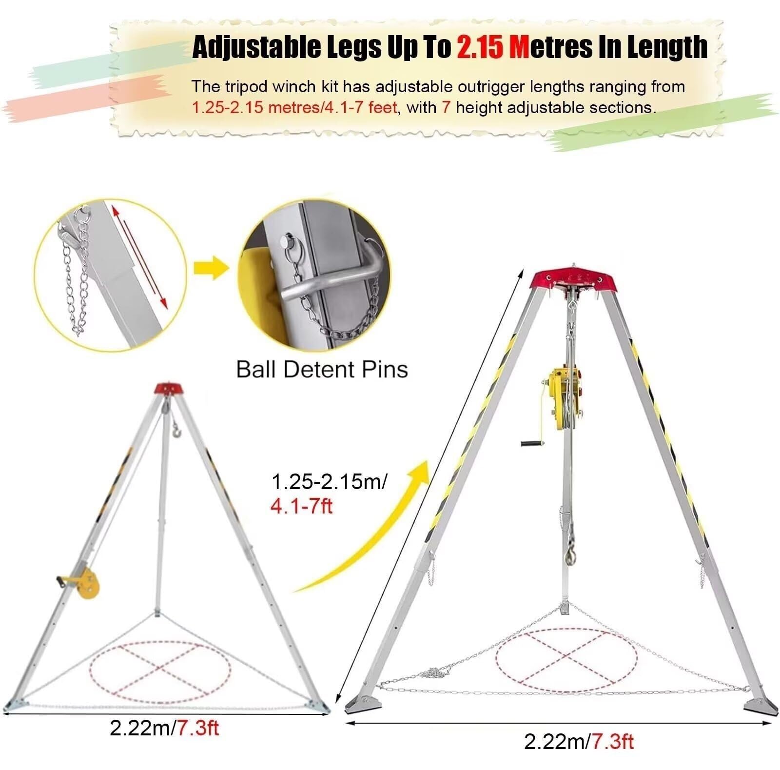 icVantA Aluminum Rescue Tripod Confined Space Tripod with 1200LBS Winch & 30m Fall Arrester and seat Belt Rescue Tripod for Sewer Wellhead Easy to Assemble,2600IBS-3