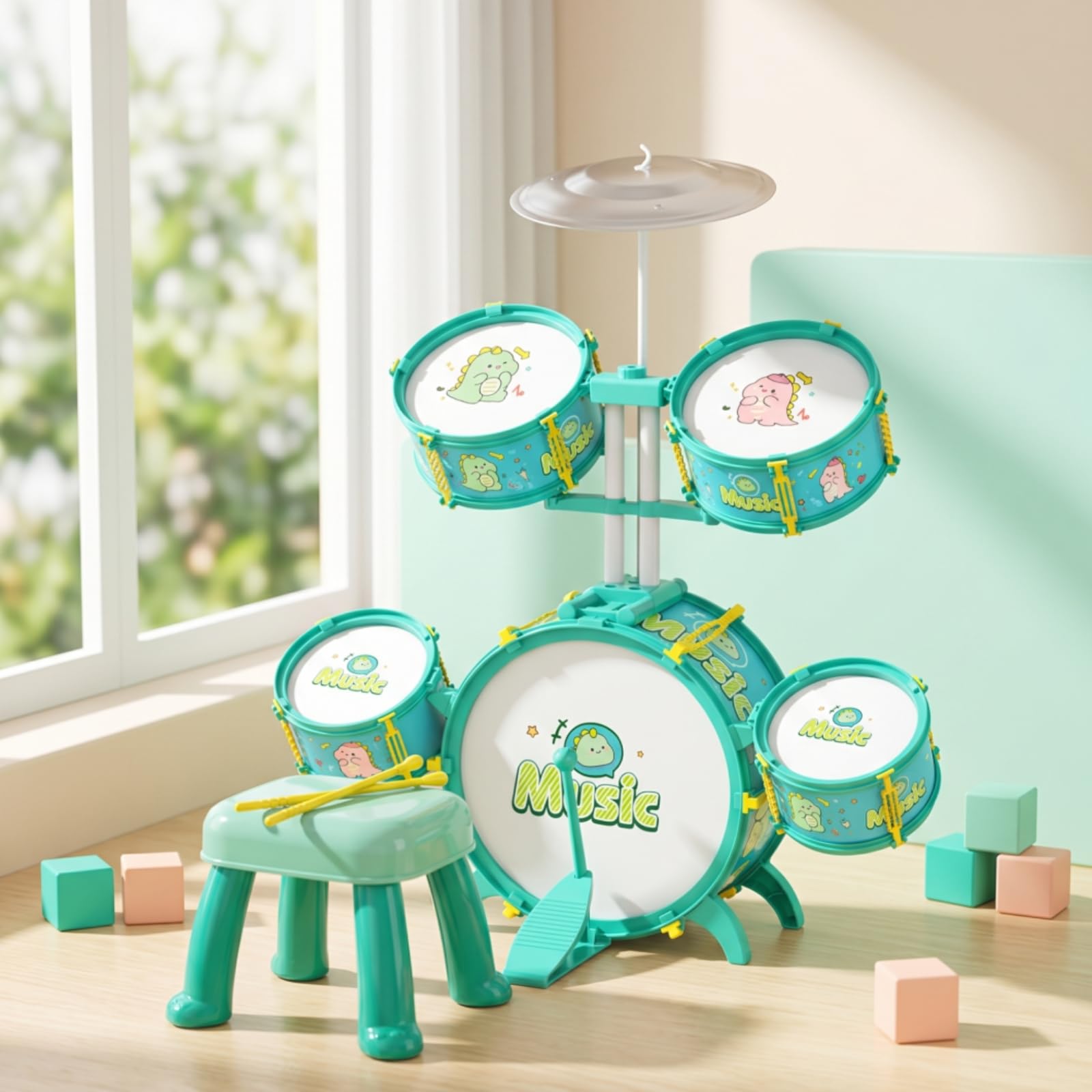 Batería Infantil Musical Conjunto de Tambores para Niños Kit de Percusión Juguete Educativo con Platillo y Asiento Ayuda al y la Melodía con , Capybara