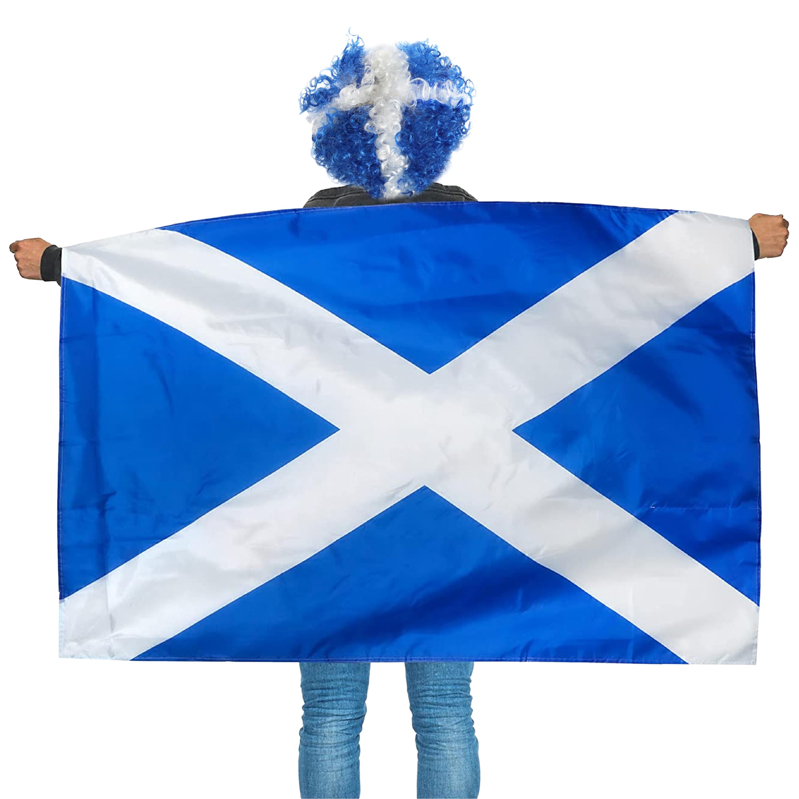 Scottish Flag Scotland Flag + Scottish Flag Afro Wig Fancy Dress Accessory Set, for Sporting Events & National Days - Pack Of 3