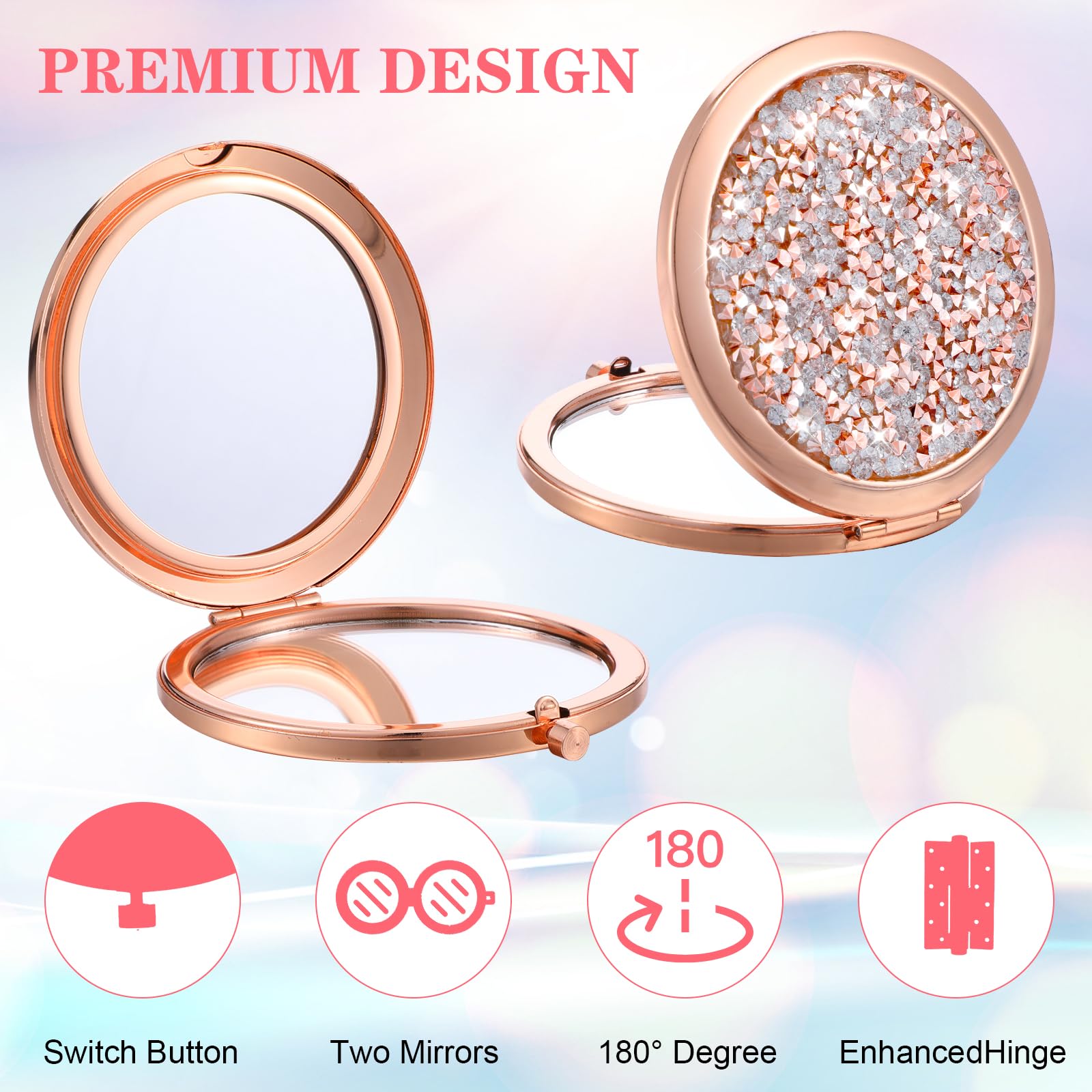 YUXIANLB 1X/2X Magnifying Compact Mirror for Purse Mix Diamond Metal Pocket Mini Makeup Mirror - Image 3
