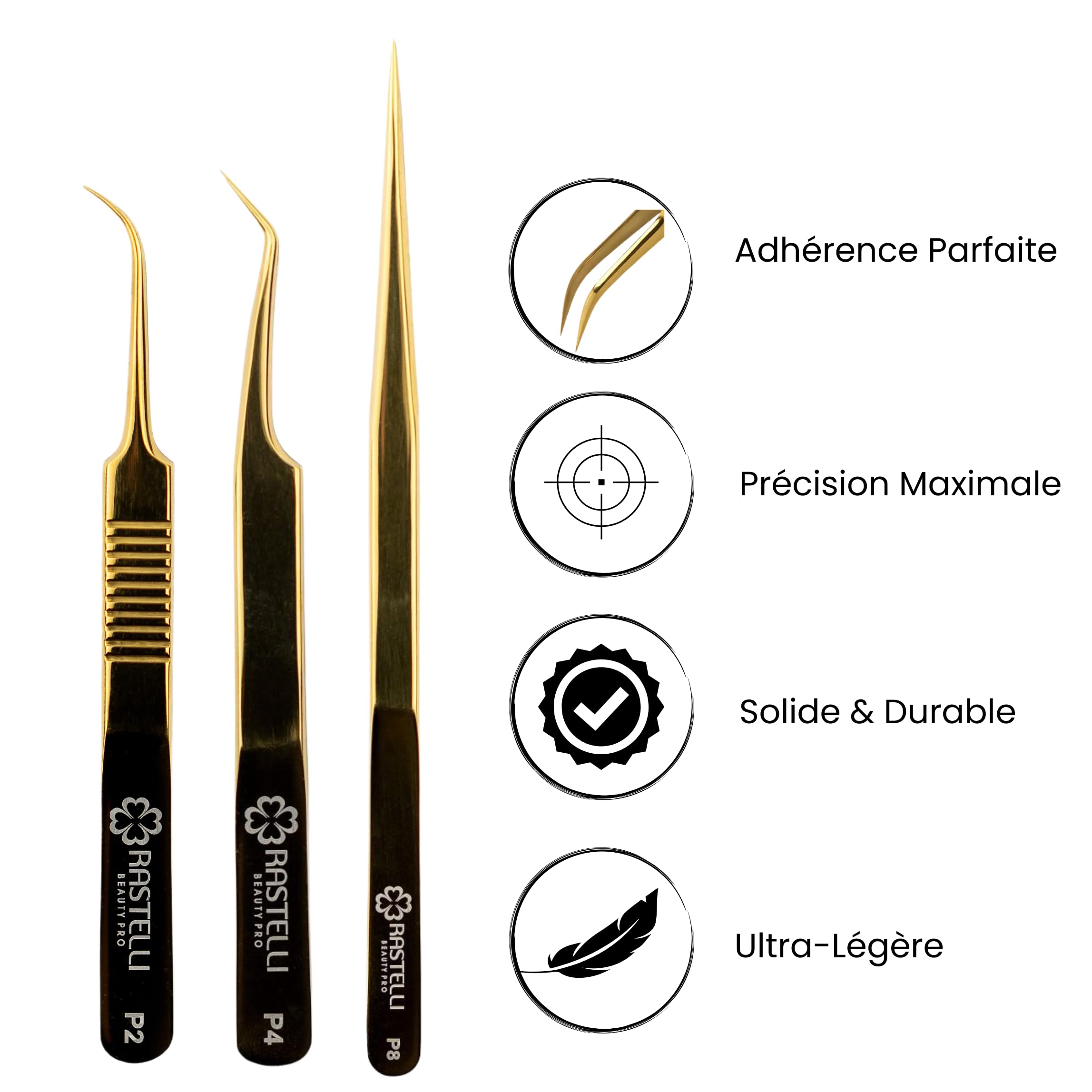 Kit de 3 pinzas para pestañas + estuche, 3 estilos de extensión de pestañas de acero inoxidable /RASTELLI