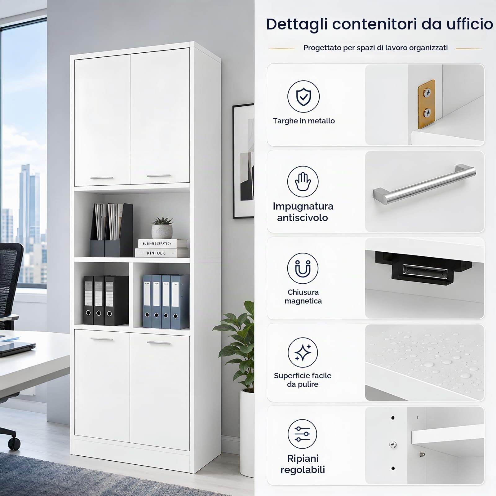 Armadio Ufficio Bianco 60x40x180,5 cm, Schedario da Ufficio con 4 Ante, Vano Stampante e Ripiani Regolabili, Mobile Multiuso Salvaspazio per Camera e Bagno, Credenza per Cucina e Soggiorno