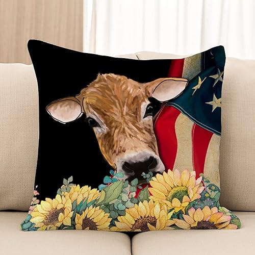 Miniatura 3 de WoGuangis Fundas de almohada vintage de granja con bandera estadounidense y vaca, funda de cojín patriótica de granja, ganado y girasol, funda de