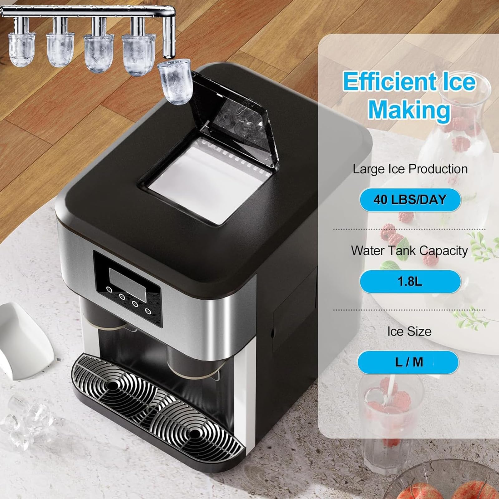 Macchina Ghiaccio Casa Con Tritaghiaccio E Acqua – 3 Funzioni, Ghiaccio Bullet, 13-16kg/24h, Ciclo 8-9 Min, Isolamento HD, Carico Auto/Manuale, Per Uso Domestico(Silver)
