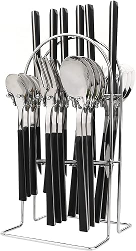 Snplowum Juego de cubiertos de 24 piezas con soporte, utensilios de acero inoxidable con mango negro, un juego completo de cubiertos para la mayoría