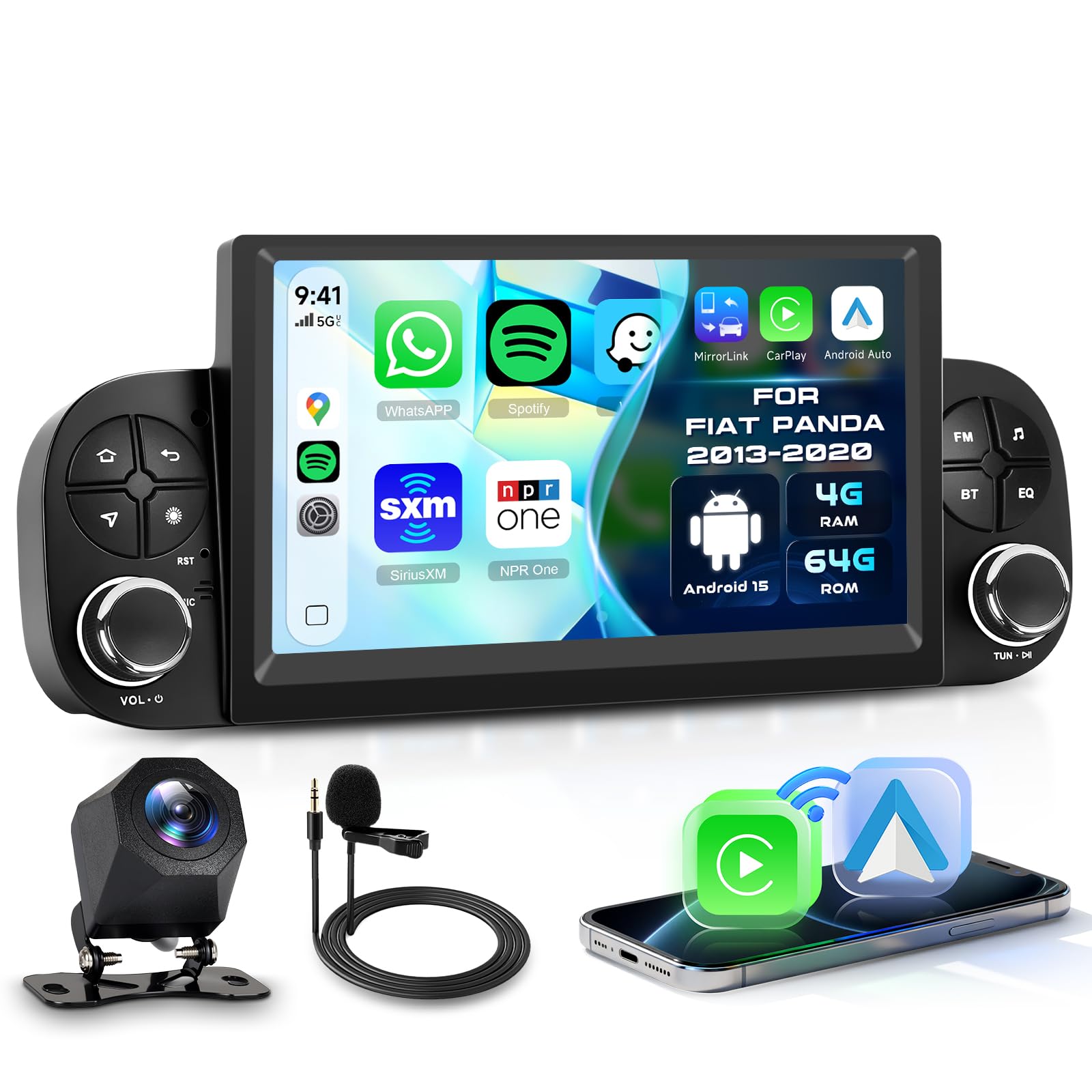4+64G Radio de Coche para Fiat Panda 2013-2020 con Inalámbrica Carplay Android Auto Bluetooth, Motorsi Reproductor Multimedia con GPS Navegación/WiFi/Bluetooth/RDS/FM/SWC+Cámara Visión Trasera