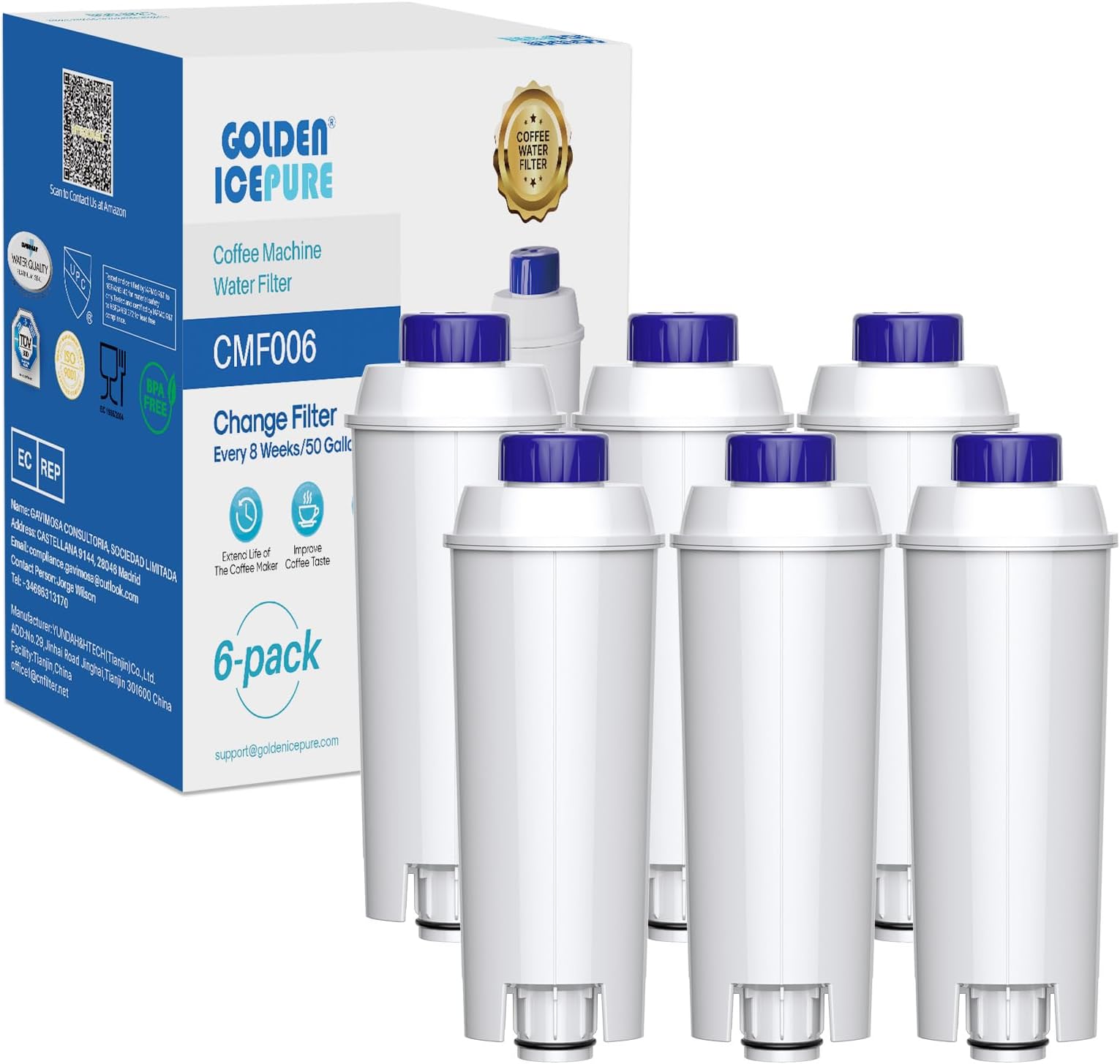GOLDEN ICEPURE Coffee Machines Water Filter Compatible with De'Longhi DLSC002, SER3017 & 5513292811,De Longhi,ECAM, Esam, ETAM, BCO, EC-Series,6 Pieces