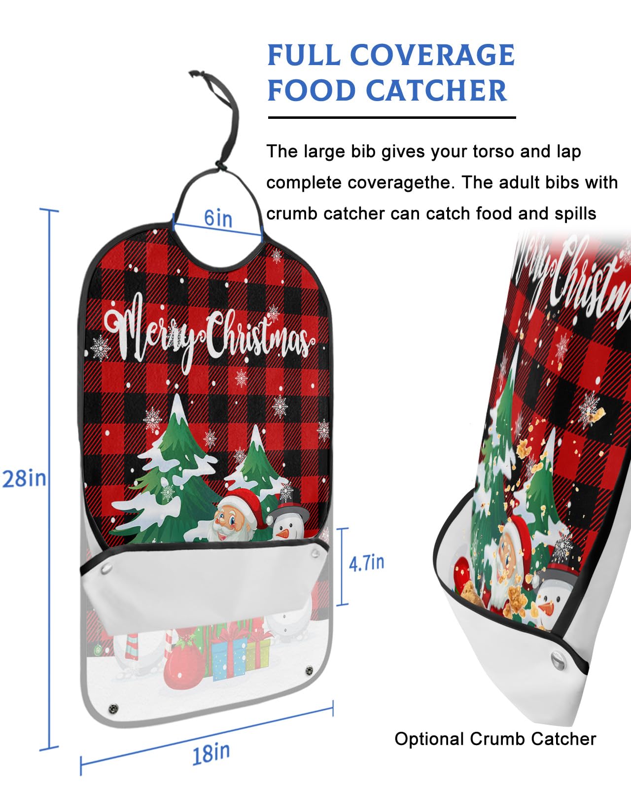 Christams Santa Adult Bibs for Eating, Waterproof Bibs with Food Catcher & Adjustable Snap Closure, Black and Red Xmas Tree Snowflake Snowman Clothing Protectors Adult Bibs for Elderly Women/Men