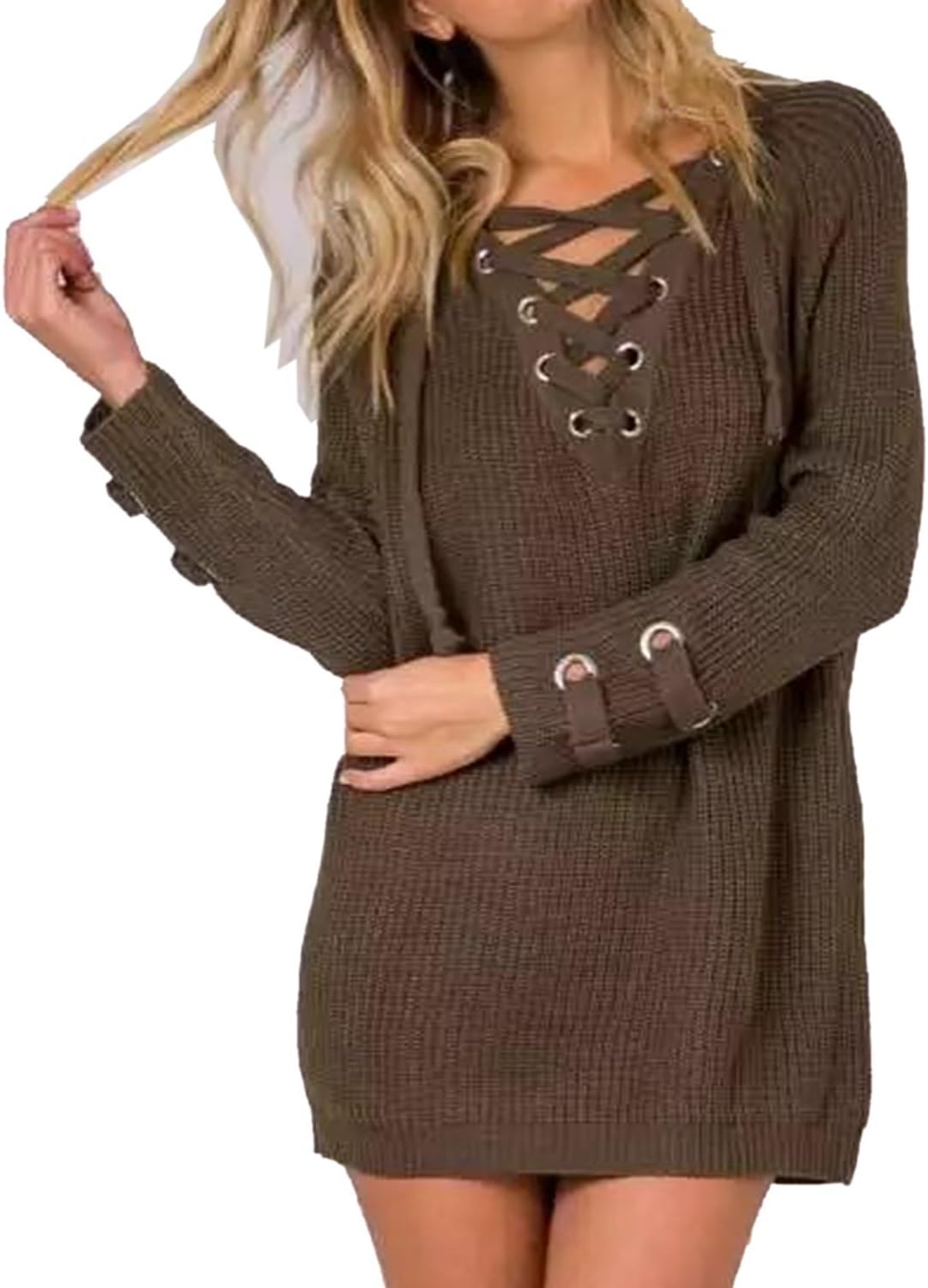 Summer Jun Women's Lace Up Front V Neck Long Sleeve Knit Sweater Dress Top, Army Green, Small(US Size:0-2)